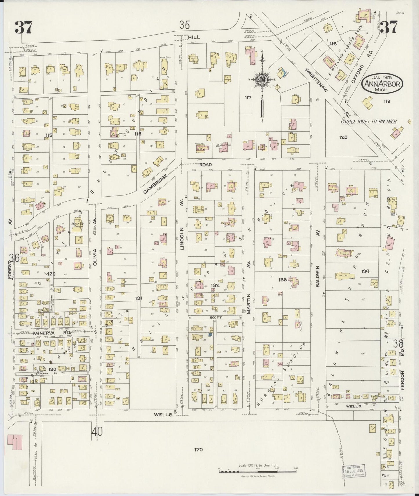 Sanborn Fire Insurance Map from Ann Arbor, Washtenaw County, Michigan (1925), Sheet #0037 - Complete Map Set gallery image, historic Sanborn map, vintage wall art, Michigan Michigan