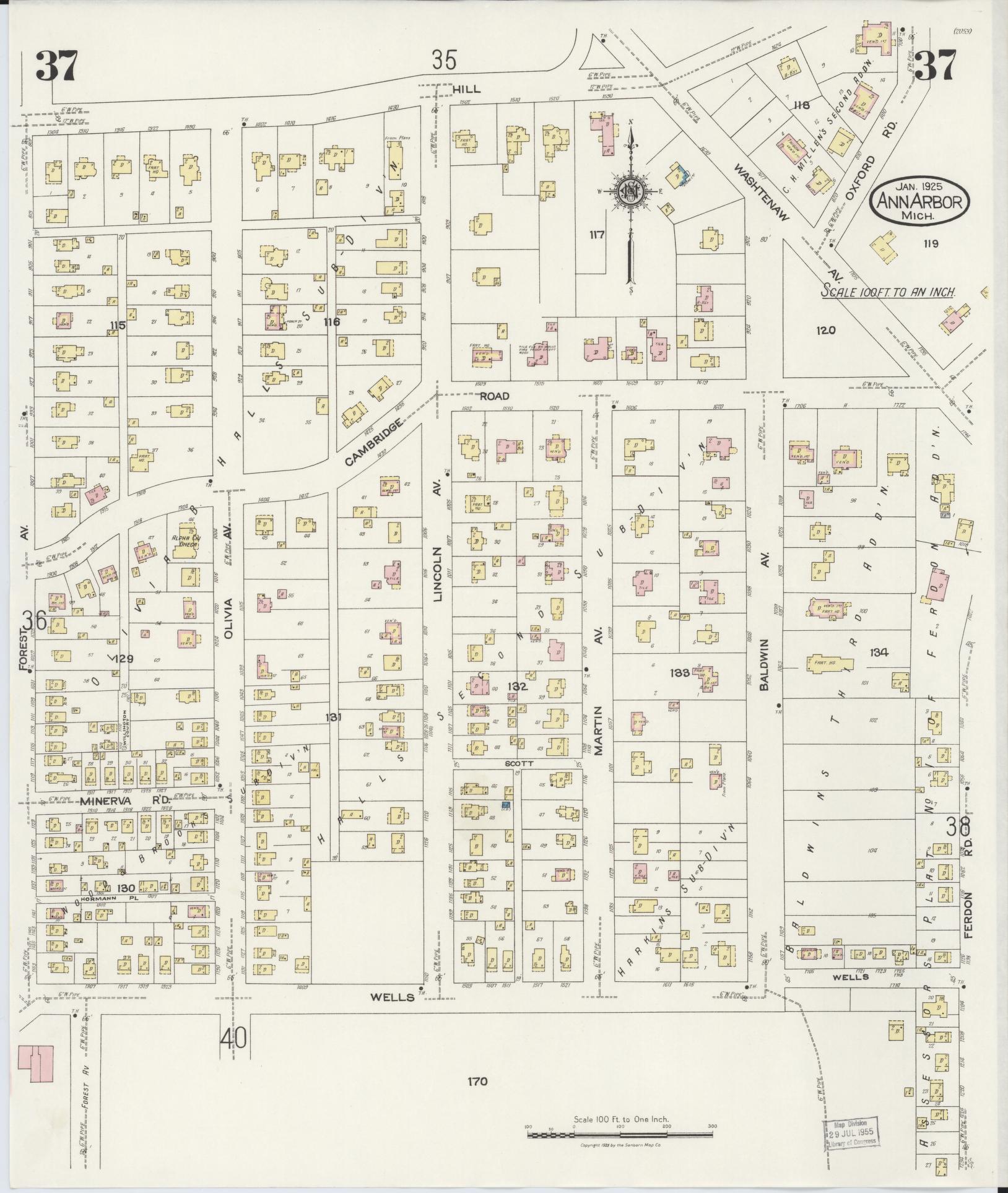 Sanborn Fire Insurance Map from Ann Arbor, Washtenaw County, Michigan (1925), Sheet #0037 - Complete Map Set gallery image, historic Sanborn map, vintage wall art, Michigan Michigan