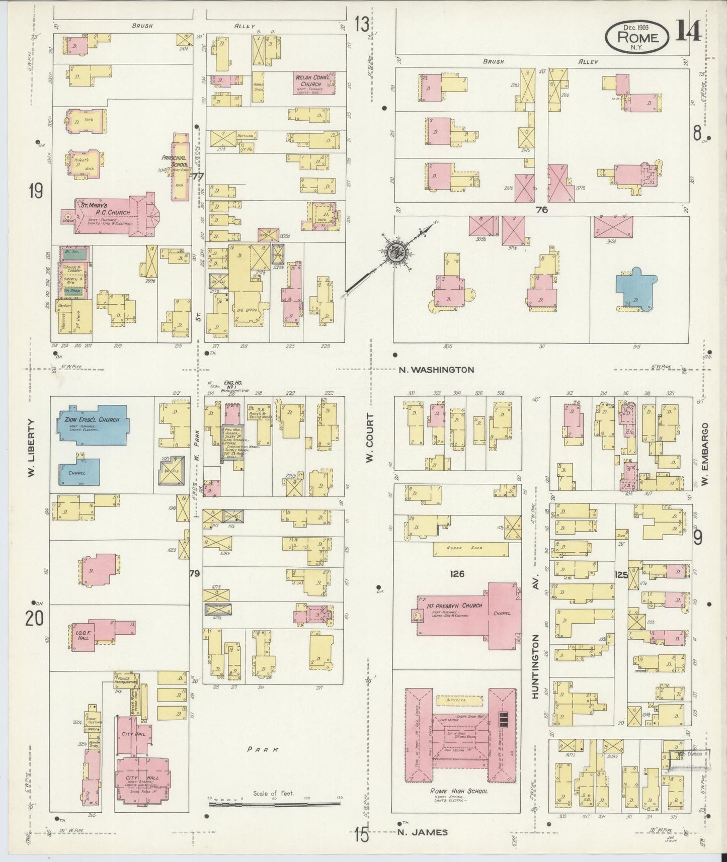 Sanborn Fire Insurance Map from Rome, Oneida County, New York (1909), Sheet #0014 - Historic Sanborn Fire Insurance Map Print, vintage old map wall art, antique decor, genealogy gift, New York New York map