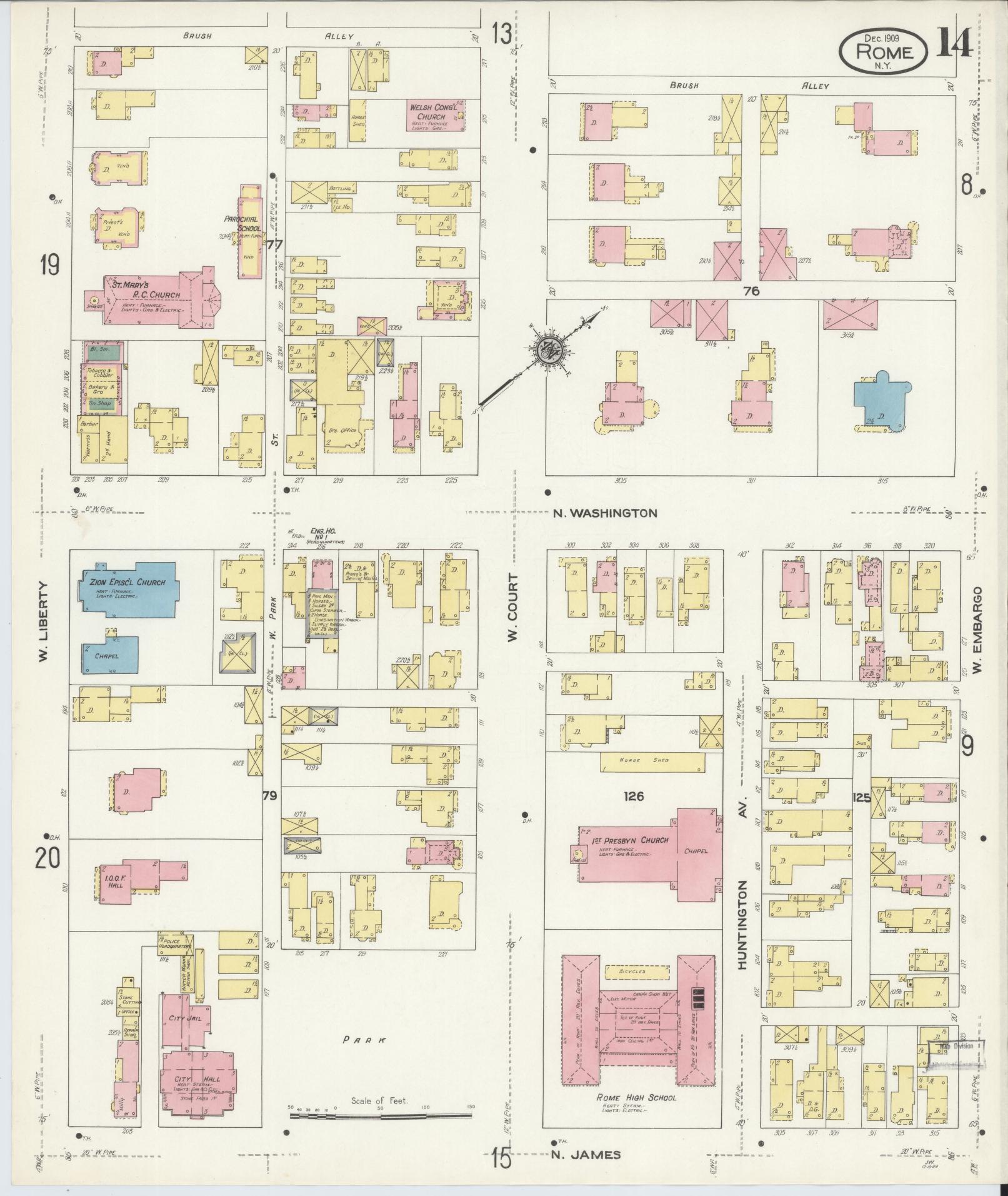 Sanborn Fire Insurance Map from Rome, Oneida County, New York (1909), Sheet #0014 - Historic Sanborn Fire Insurance Map Print, vintage old map wall art, antique decor, genealogy gift, New York New York map