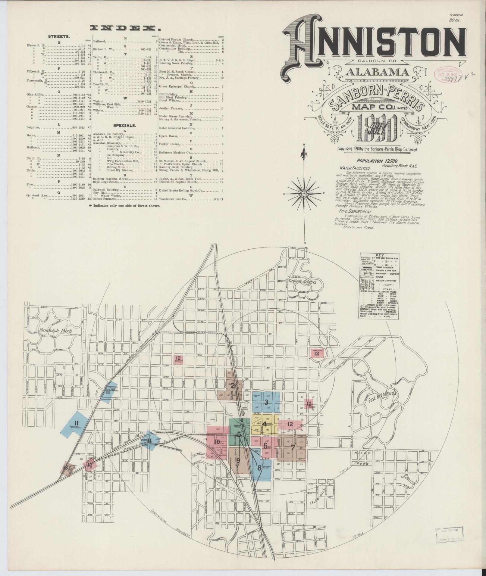 Sanborn Fire Insurance Map from Anniston, Calhoun County, Alabama (1890), Sheet #0001 - Historic Sanborn Fire Insurance Map Print, vintage old map wall art, antique decor, genealogy gift, Alabama Alabama map