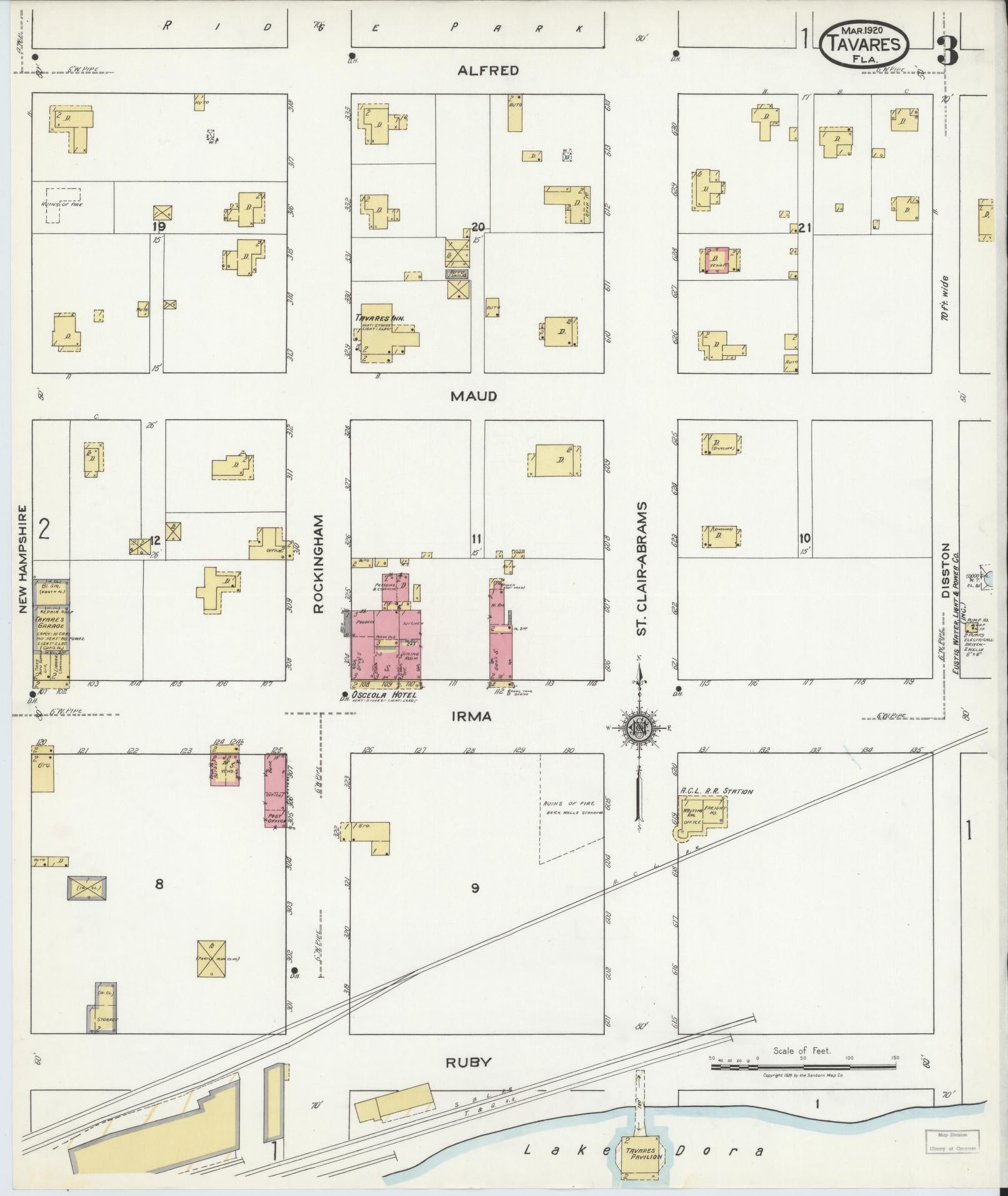 Sanborn Fire Insurance Map from Tavares, Lake County, Florida (1920), Sheet #0003 - Complete Map Set gallery image, historic Sanborn map, vintage wall art, Florida Florida