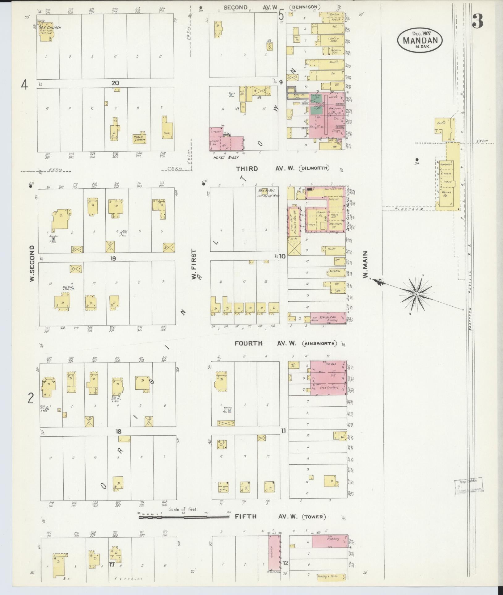 Sanborn Fire Insurance Map from Mandan, Morton County, North Dakota (1907), Sheet #0003 - Complete Map Set gallery image, historic Sanborn map, vintage wall art, North Dakota North Dakota