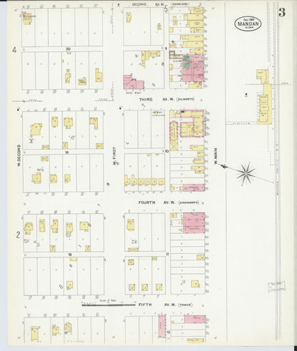 Sanborn Fire Insurance Map from Mandan, Morton County, North Dakota (1907), Sheet #0003 - Complete Map Set gallery image, historic Sanborn map, vintage wall art, North Dakota North Dakota