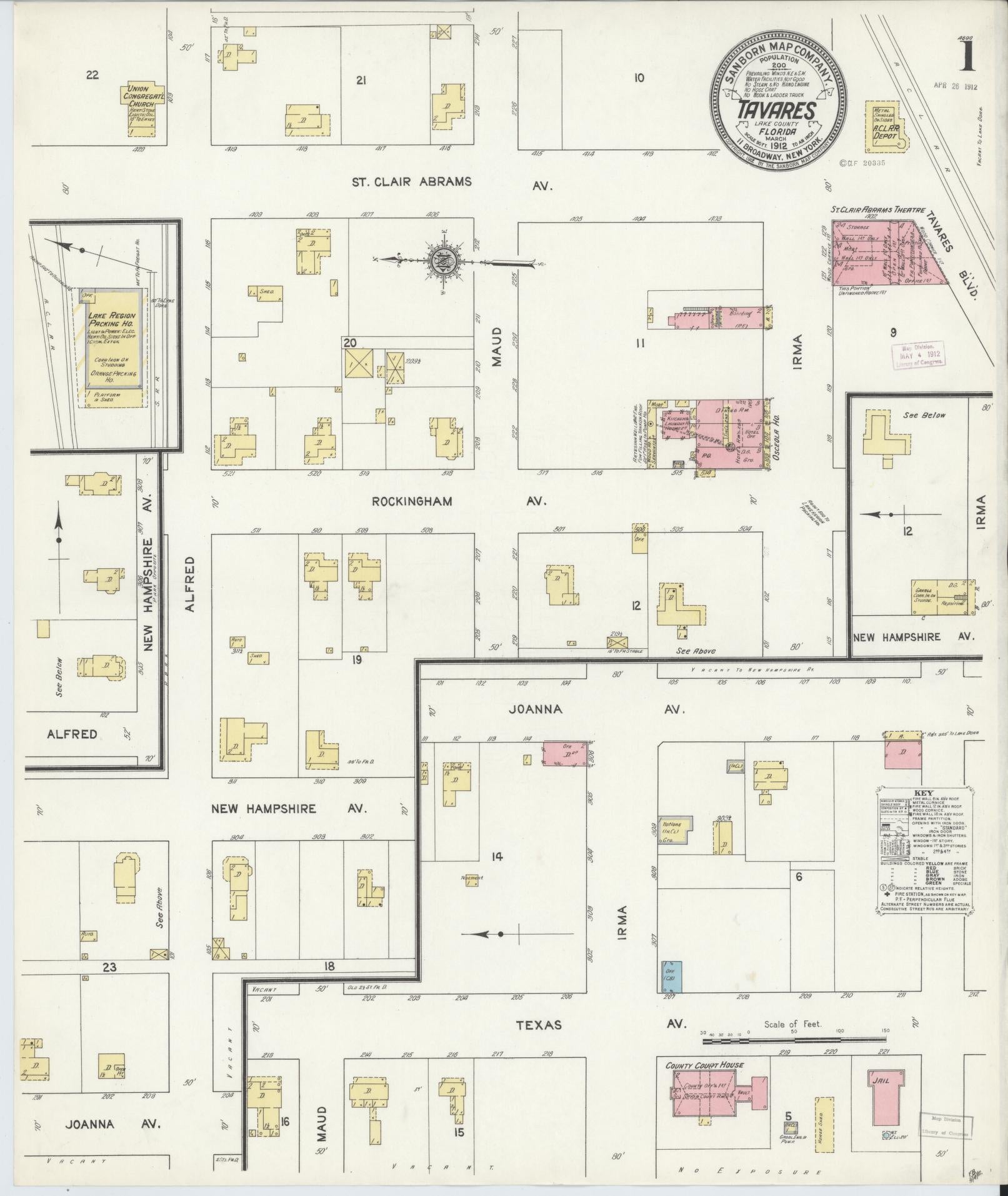 Sanborn Fire Insurance Map from Tavares, Lake County, Florida (1912), Sheet #0001 - Historic Sanborn Fire Insurance Map Print, vintage old map wall art, antique decor, genealogy gift, Florida Florida map