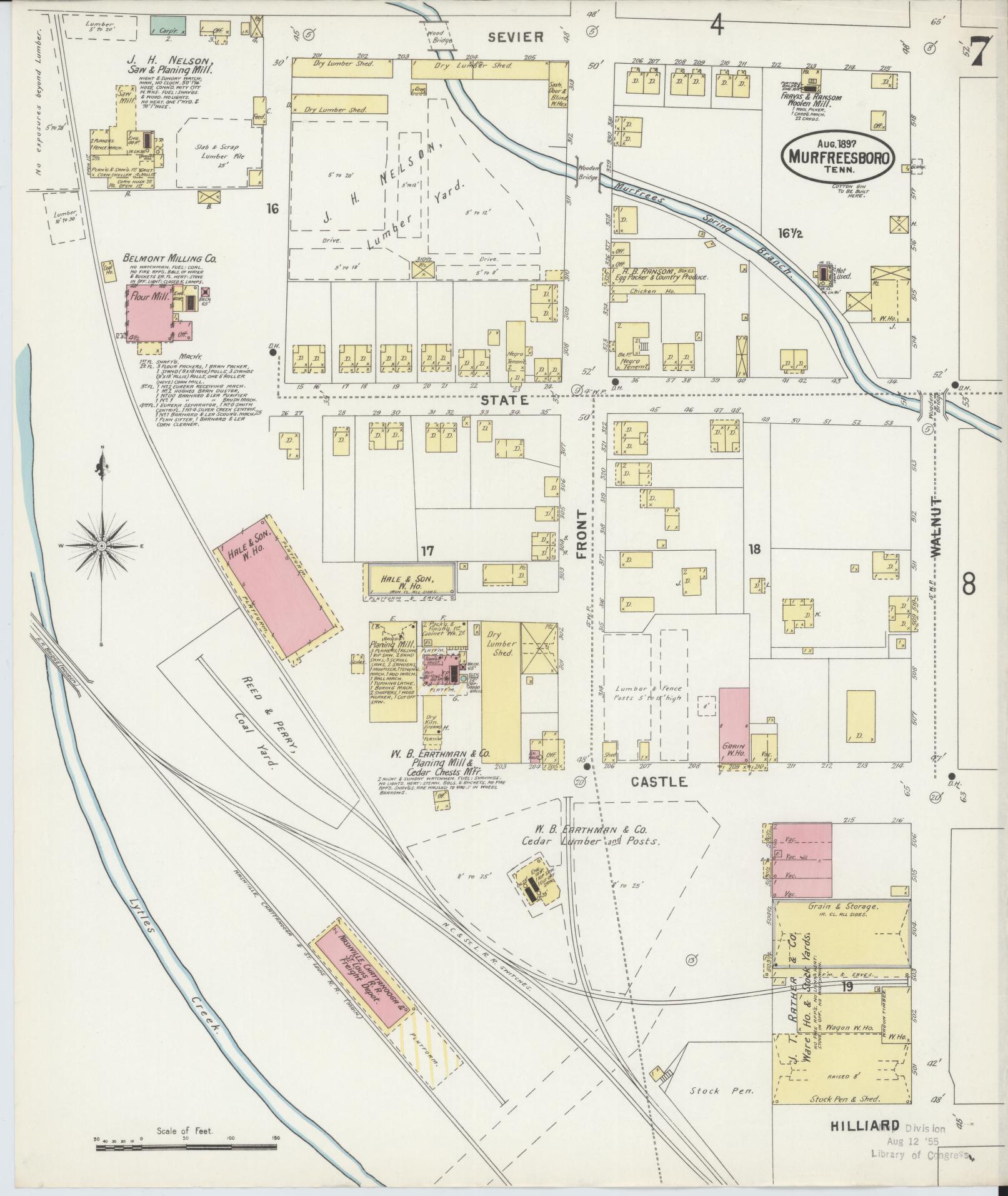Sanborn Fire Insurance Map from Murfreesboro, Rutherford County, Tennessee (1897), Sheet #0007 - Historic Sanborn Fire Insurance Map Print, vintage old map wall art, antique decor, genealogy gift, Tennessee Tennessee map