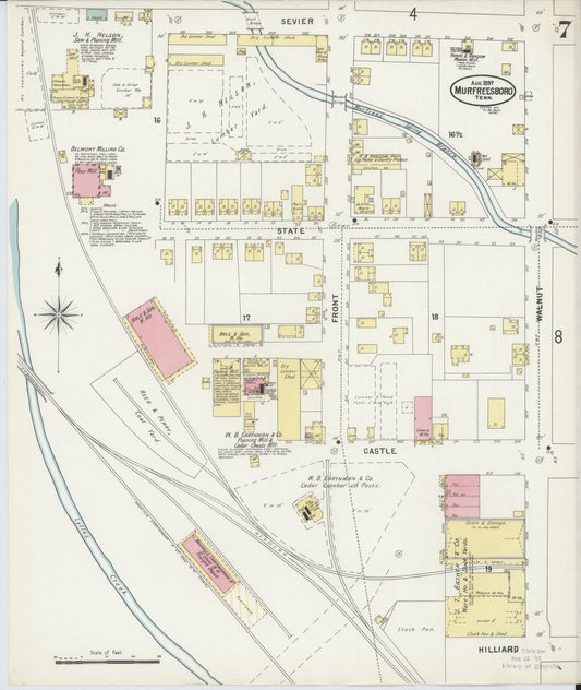 Sanborn Fire Insurance Map from Murfreesboro, Rutherford County, Tennessee (1897), Sheet #0007 - Historic Sanborn Fire Insurance Map Print, vintage old map wall art, antique decor, genealogy gift, Tennessee Tennessee map