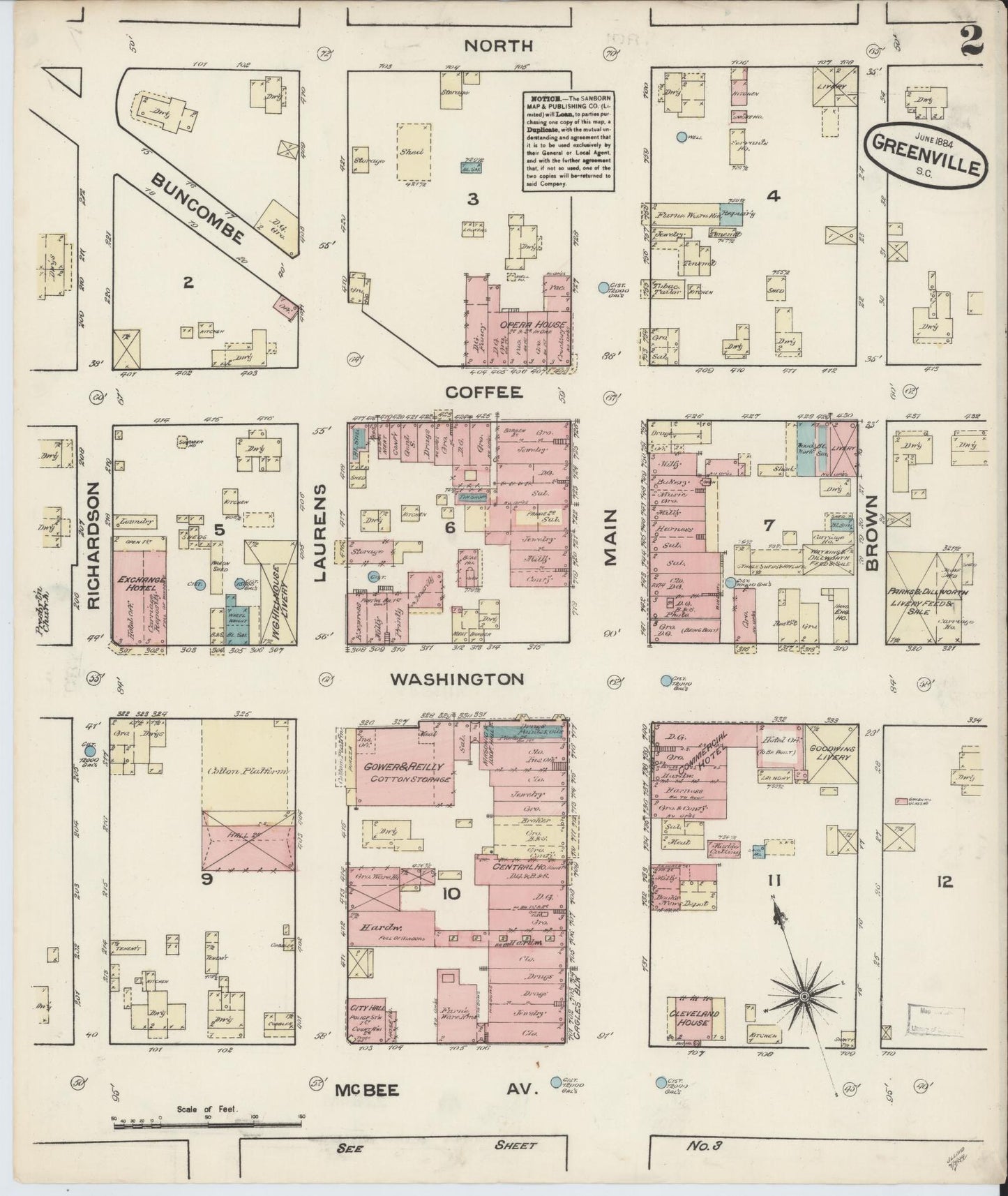 Sanborn Fire Insurance Map from Greenville, Greenville County, South Carolina (1884), Sheet #0002 - Complete Map Set gallery image, historic Sanborn map, vintage wall art, South Carolina South Carolina