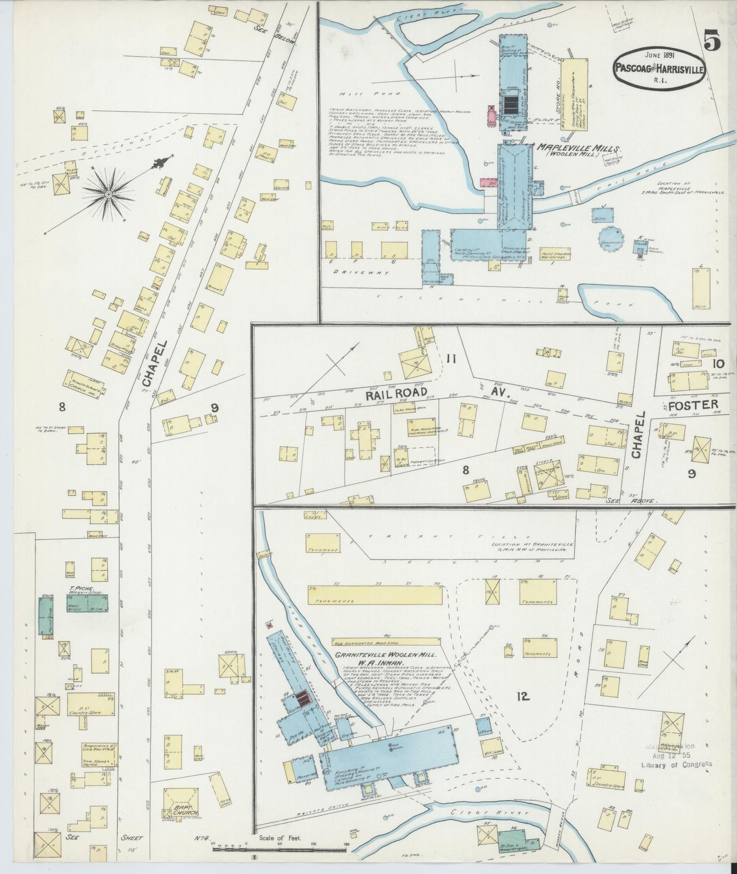 Sanborn Fire Insurance Map from Pascoag, Providence County, Rhode Island (1891), Sheet #0005 - Complete Map Set gallery image, historic Sanborn map, vintage wall art, Rhode Island Rhode Island