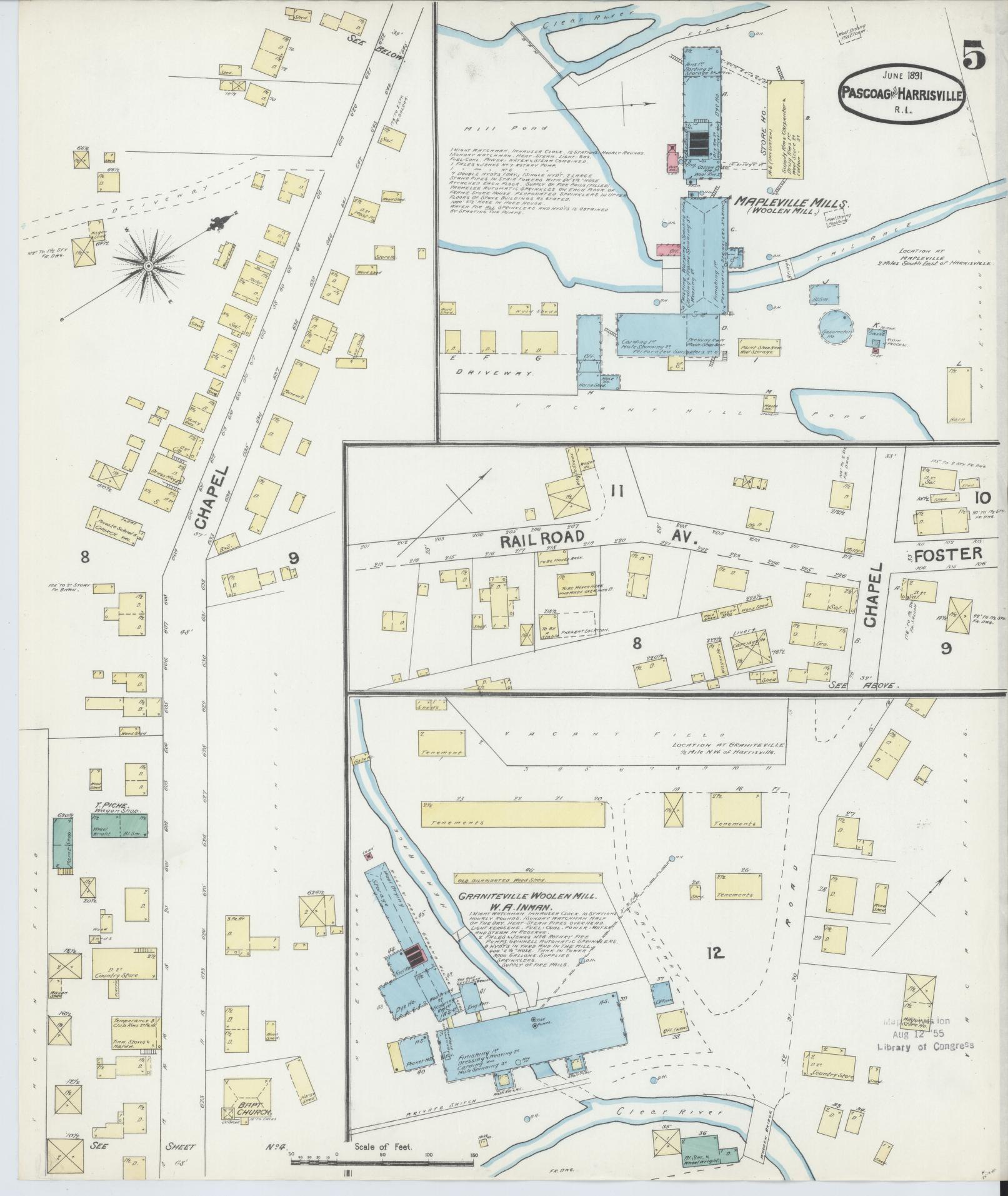 Sanborn Fire Insurance Map from Pascoag, Providence County, Rhode Island (1891), Sheet #0005 - Complete Map Set gallery image, historic Sanborn map, vintage wall art, Rhode Island Rhode Island