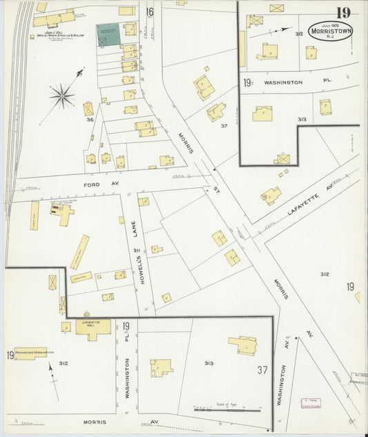 Sanborn Fire Insurance Map from Morristown, Morris County, New Jersey (1909), Sheet #0019 - Historic Sanborn Fire Insurance Map Print, vintage old map wall art, antique decor, genealogy gift, New Jersey New Jersey map