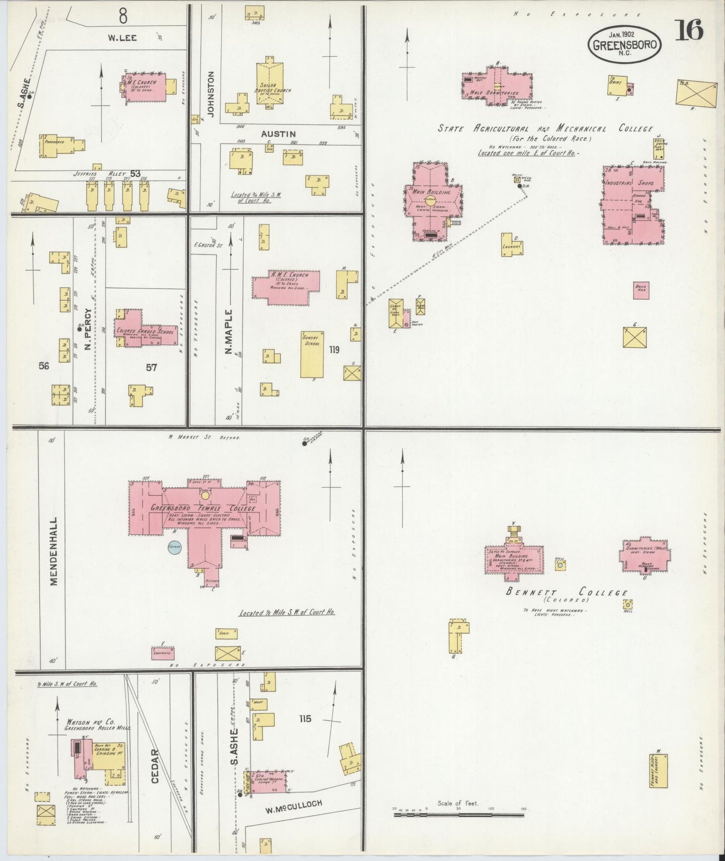 Sanborn Fire Insurance Map from Greensboro, Guilford County, North Carolina (1902), Sheet #0016 - Complete Map Set gallery image, historic Sanborn map, vintage wall art, North Carolina North Carolina