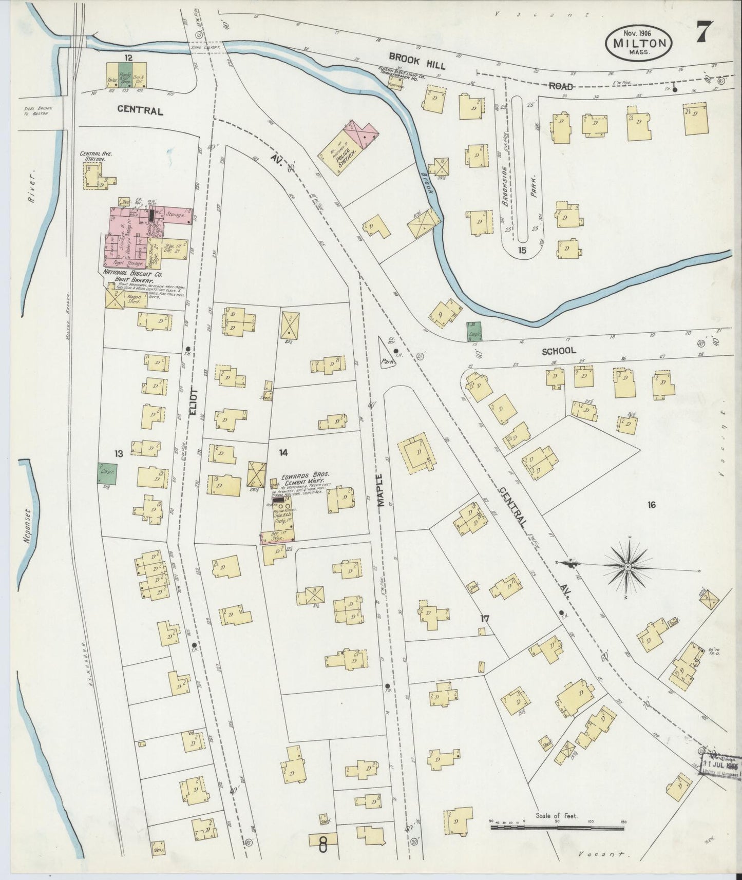 Sanborn Fire Insurance Map from Milton, Norfolk County, Massachusetts (1906), Sheet #0007 - Complete Map Set gallery image, historic Sanborn map, vintage wall art, Massachusetts Massachusetts