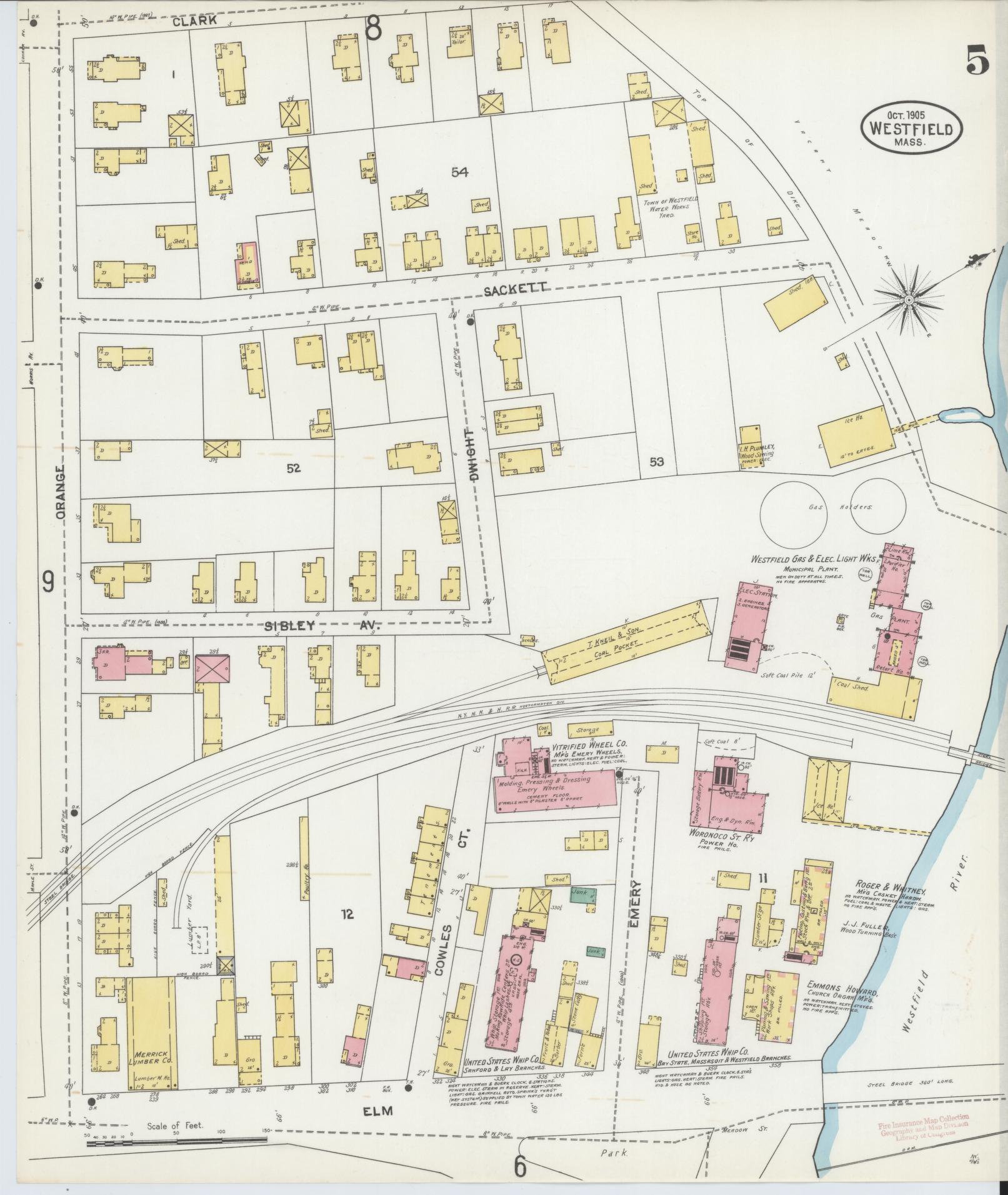 Sanborn Fire Insurance Map from Westfield, Hampden County, Massachusetts (1905), Sheet #0005 - Historic Sanborn Fire Insurance Map Print, vintage old map wall art, antique decor, genealogy gift, Massachusetts Massachusetts map