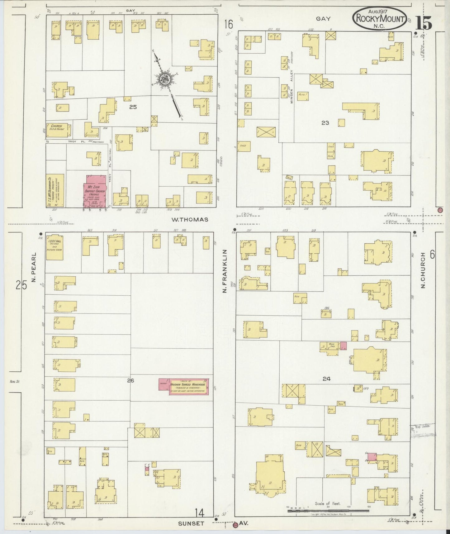 Sanborn Fire Insurance Map from Rocky Mount, Edgecombe And Nash Counties, North Carolina (1917), Sheet #0015 - Complete Map Set gallery image, historic Sanborn map, vintage wall art, North Carolina North Carolina
