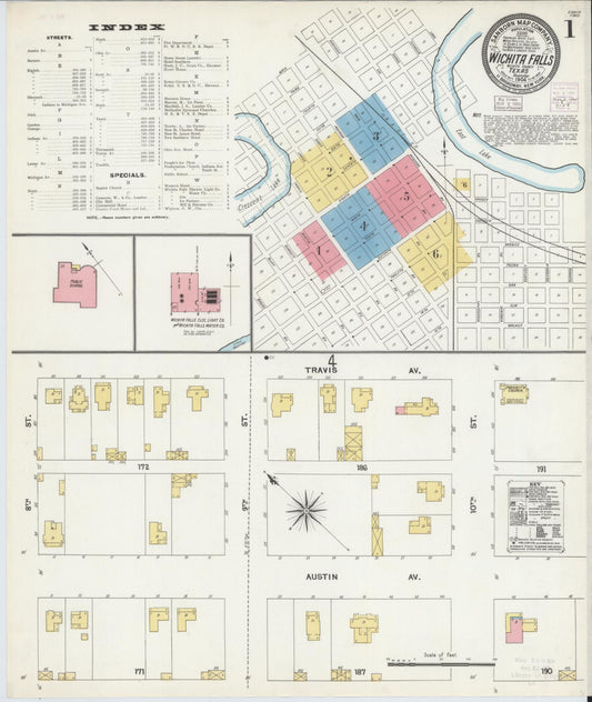 Sanborn Fire Insurance Map from Wichita Falls, Wichita County, Texas (1904), Sheet #0001 - Historic Sanborn Fire Insurance Map Print, vintage old map wall art, antique decor, genealogy gift, Texas Texas map