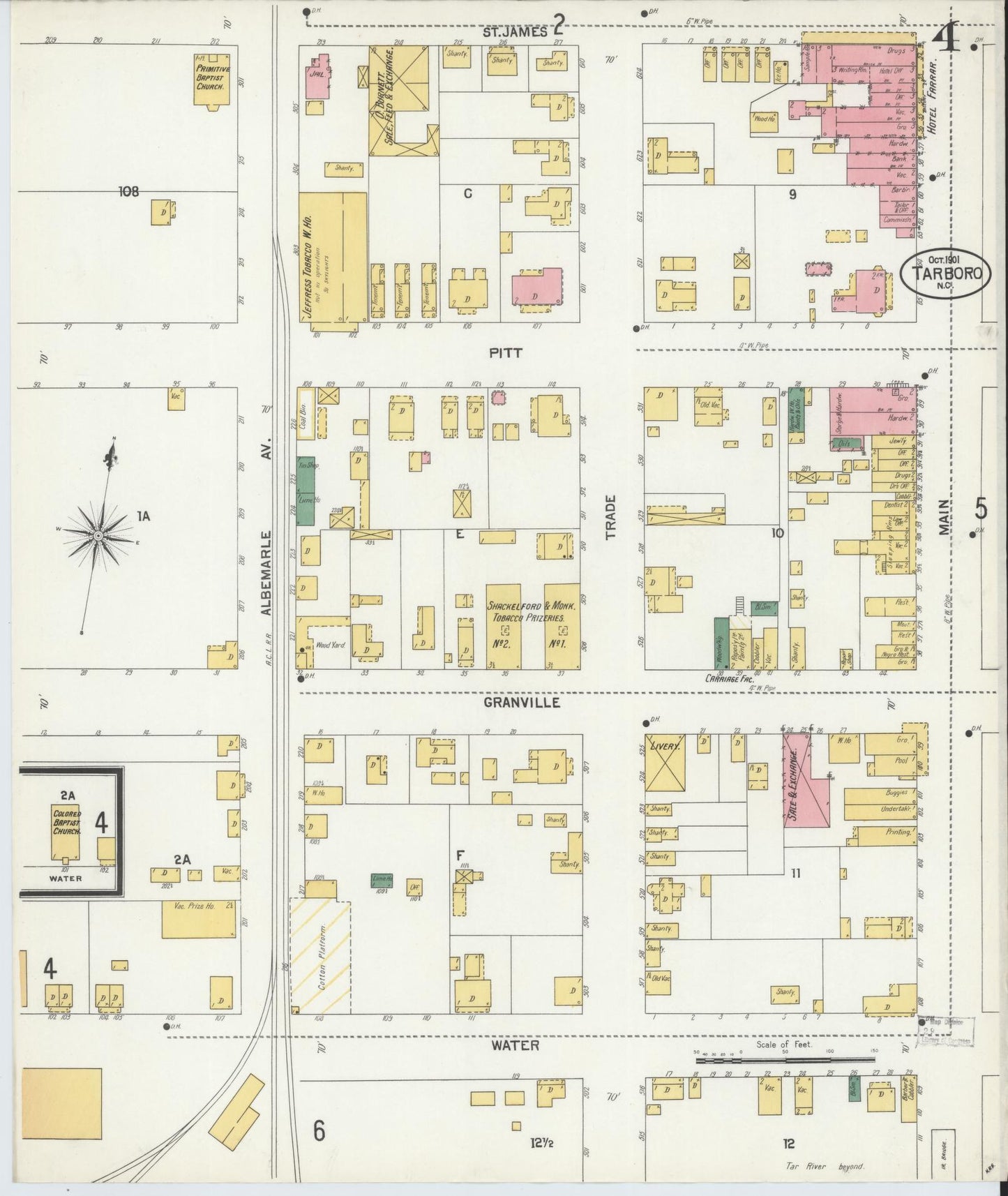 Sanborn Fire Insurance Map from Tarboro, Edgecombe County, North Carolina (1901), Sheet #0004 - Complete Map Set gallery image, historic Sanborn map, vintage wall art, North Carolina North Carolina