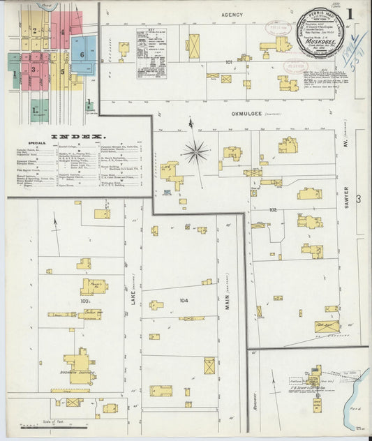Sanborn Fire Insurance Map from Muskogee, Muskogee County, Oklahoma (1898), Sheet #0001 - Complete Map Set gallery image, historic Sanborn map, vintage wall art, Oklahoma Oklahoma
