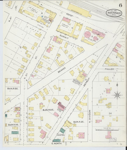 Sanborn Fire Insurance Map from Ann Arbor, Washtenaw County, Michigan (1892), Sheet #0006 - Historic Sanborn Fire Insurance Map Print, vintage old map wall art, antique decor, genealogy gift, Michigan Michigan map
