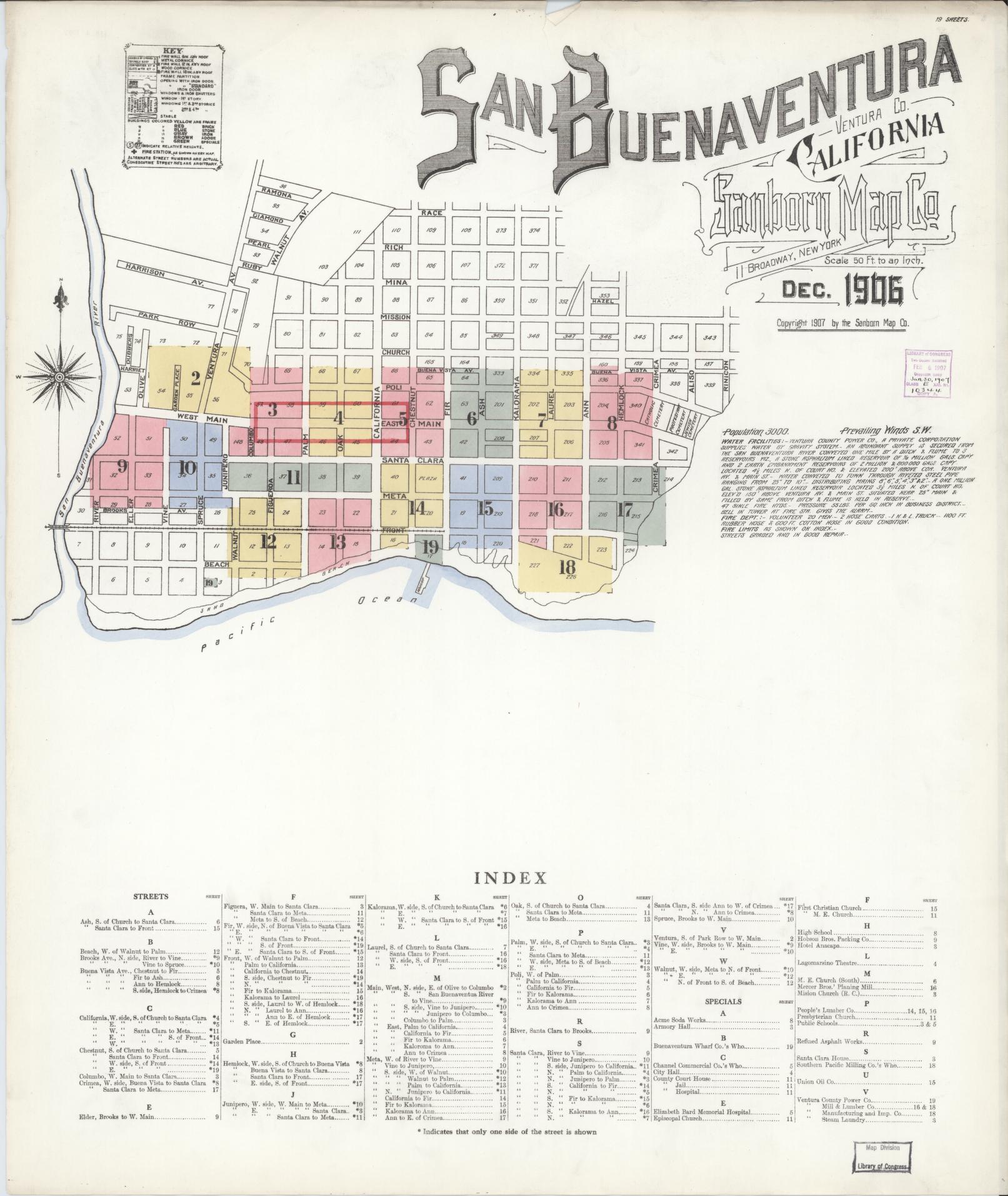 Sanborn Fire Insurance Map from San Buenaventura, Ventura County, California (1906), Sheet #0001 - Complete Map Set gallery image, historic Sanborn map, vintage wall art, California California