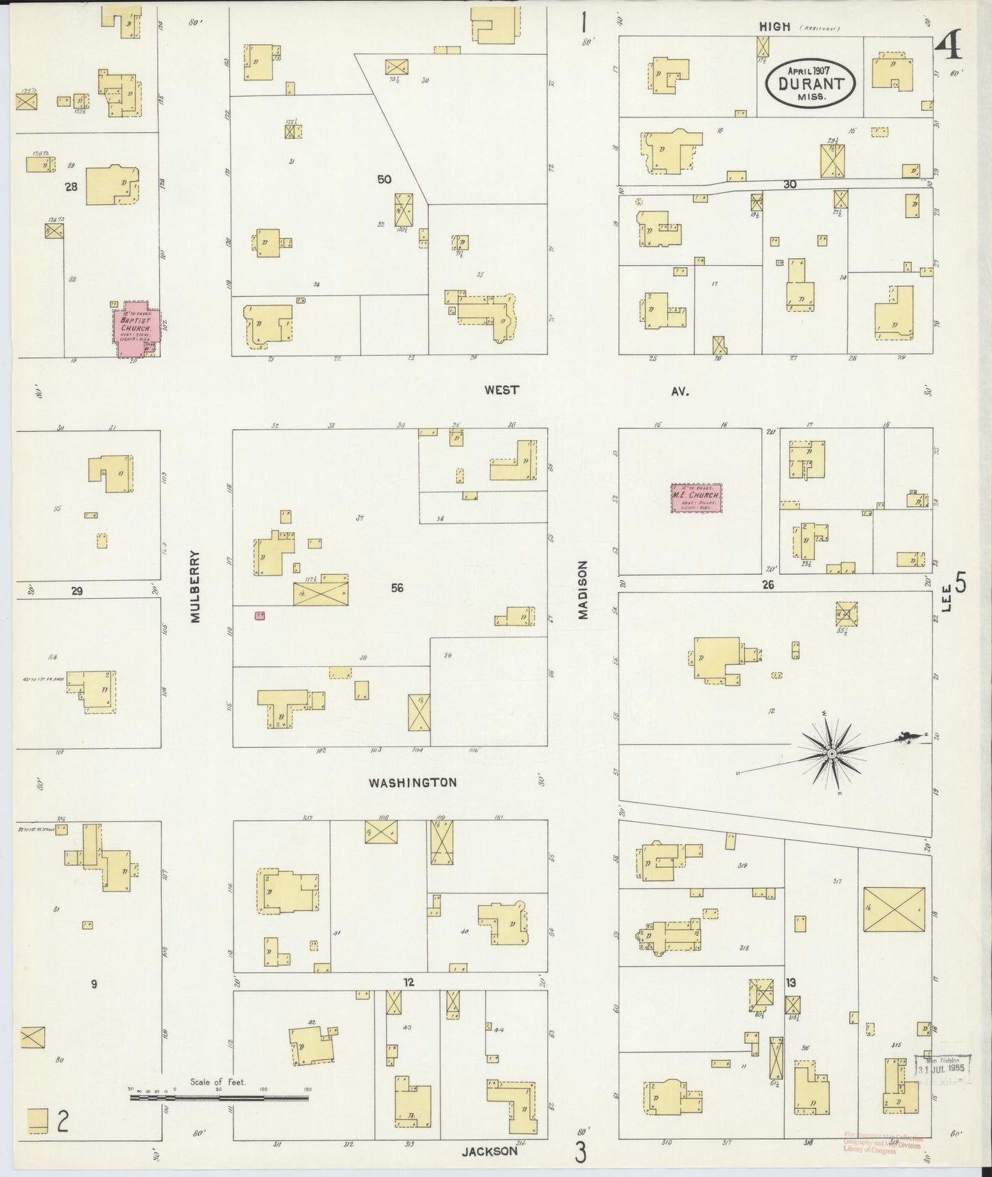 Sanborn Fire Insurance Map from Durant, Holmes County, Mississippi (1907), Sheet #0004 - Historic Sanborn Fire Insurance Map Print, vintage old map wall art, antique decor, genealogy gift, Mississippi Mississippi map
