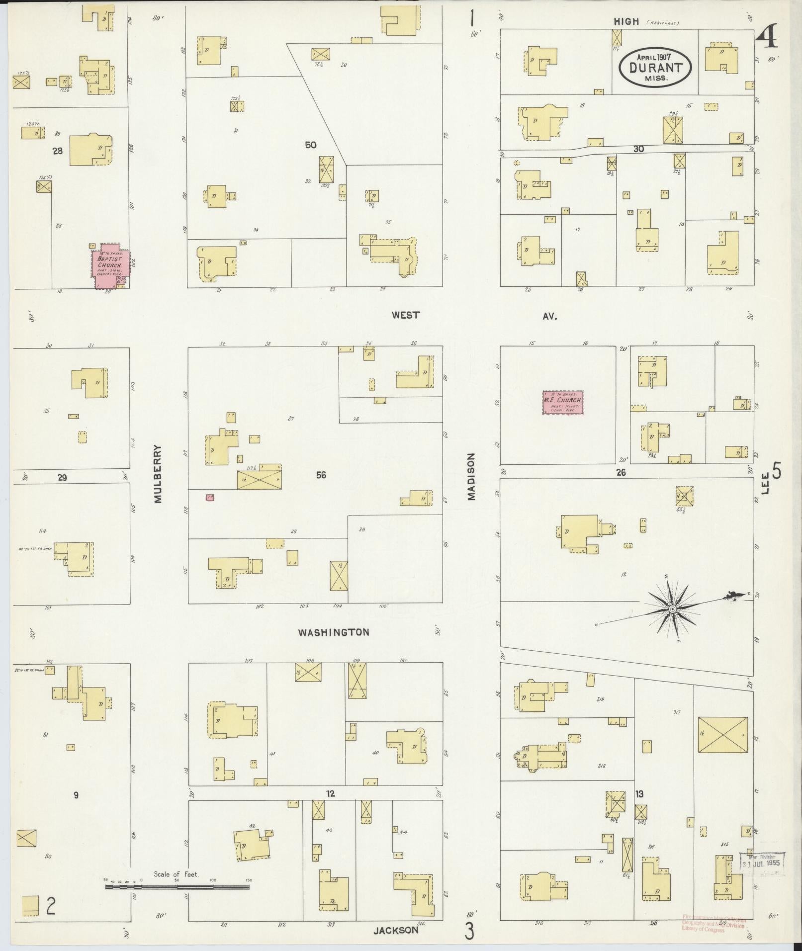 Sanborn Fire Insurance Map from Durant, Holmes County, Mississippi (1907), Sheet #0004 - Historic Sanborn Fire Insurance Map Print, vintage old map wall art, antique decor, genealogy gift, Mississippi Mississippi map