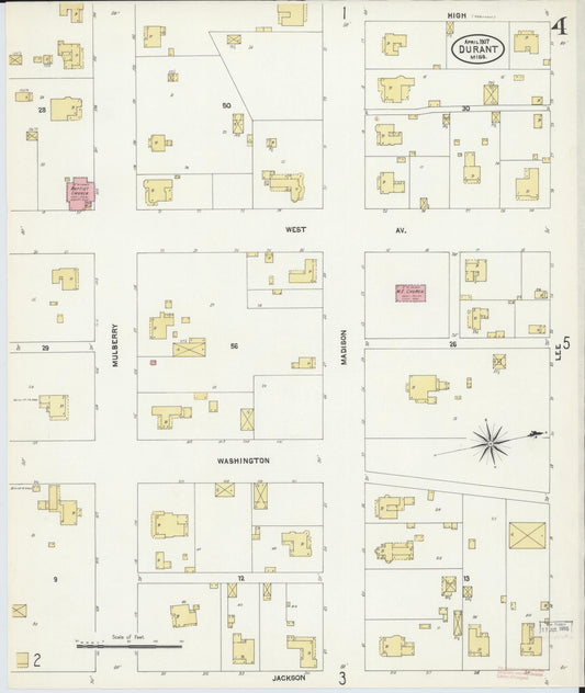 Sanborn Fire Insurance Map from Durant, Holmes County, Mississippi (1907), Sheet #0004 - Historic Sanborn Fire Insurance Map Print, vintage old map wall art, antique decor, genealogy gift, Mississippi Mississippi map