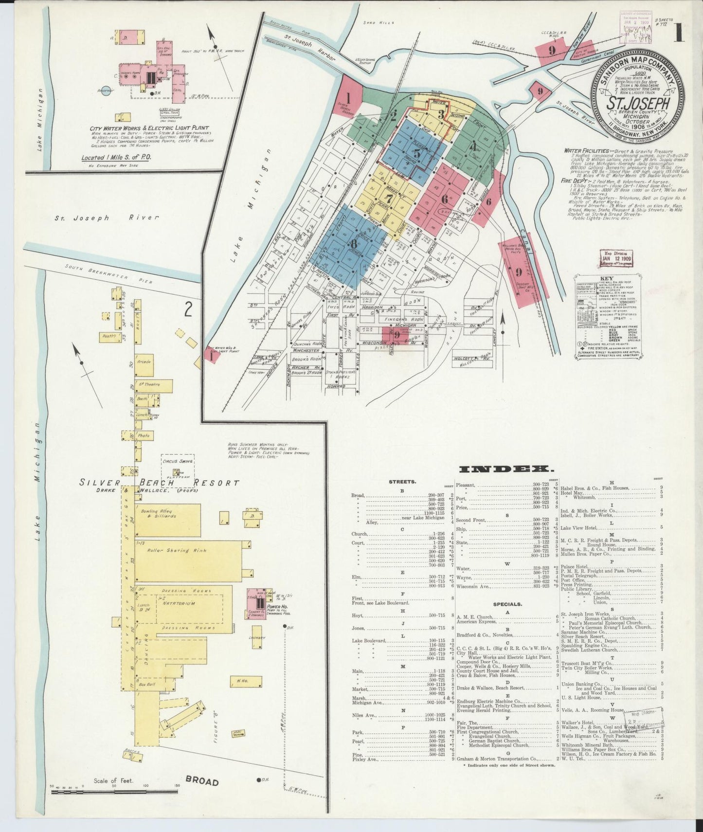Sanborn Fire Insurance Map from Saint Joseph, Berrien County, Michigan (1908), Sheet #0001 - Complete Map Set gallery image, historic Sanborn map, vintage wall art, Michigan Michigan