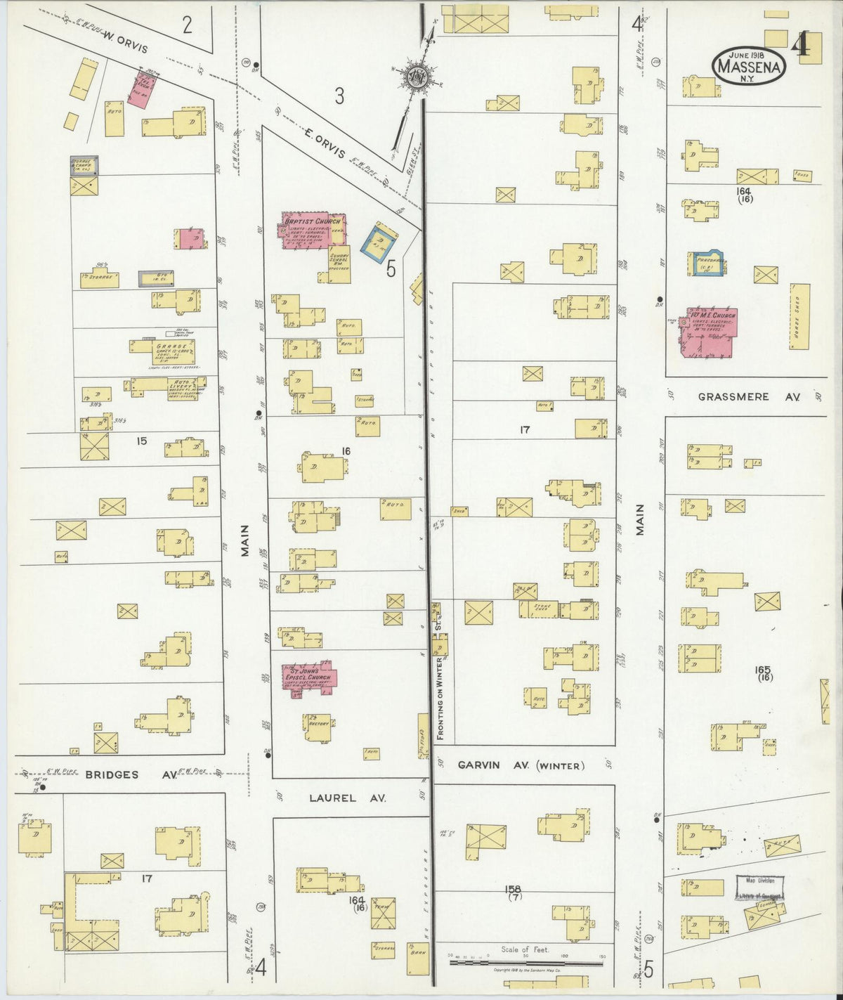 Sanborn Fire Insurance Map from Massena, St. Lawrence County, New York (1918), Sheet #0004 - Complete Map Set gallery image, historic Sanborn map, vintage wall art, New York New York