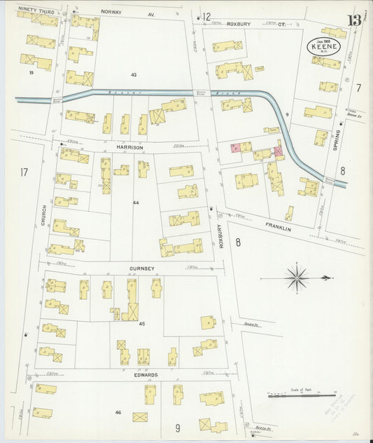 Sanborn Fire Insurance Map from Keene, Cheshire County, New Hampshire (1908), Sheet #0013 - Historic Sanborn Fire Insurance Map Print, vintage old map wall art, antique decor, genealogy gift, New Hampshire New Hampshire map
