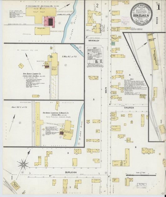 Sanborn Fire Insurance Map from Van Buren, Aroostook County, Maine (1904), Sheet #0001 - Historic Sanborn Fire Insurance Map Print, vintage old map wall art, antique decor, genealogy gift, Maine Maine map