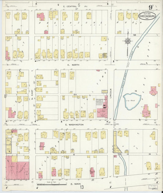 Sanborn Fire Insurance Map from Greensburg, Decatur County, Indiana (1913), Sheet #0009 - Historic Sanborn Fire Insurance Map Print, vintage old map wall art, antique decor, genealogy gift, Indiana Indiana map