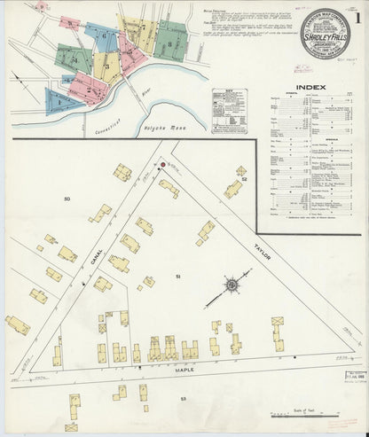 Sanborn Fire Insurance Map from South Hadley Falls, Hampshire County, Massachusetts (1910), Sheet #0001 - Historic Sanborn Fire Insurance Map Print, vintage old map wall art, antique decor, genealogy gift, Massachusetts Massachusetts map