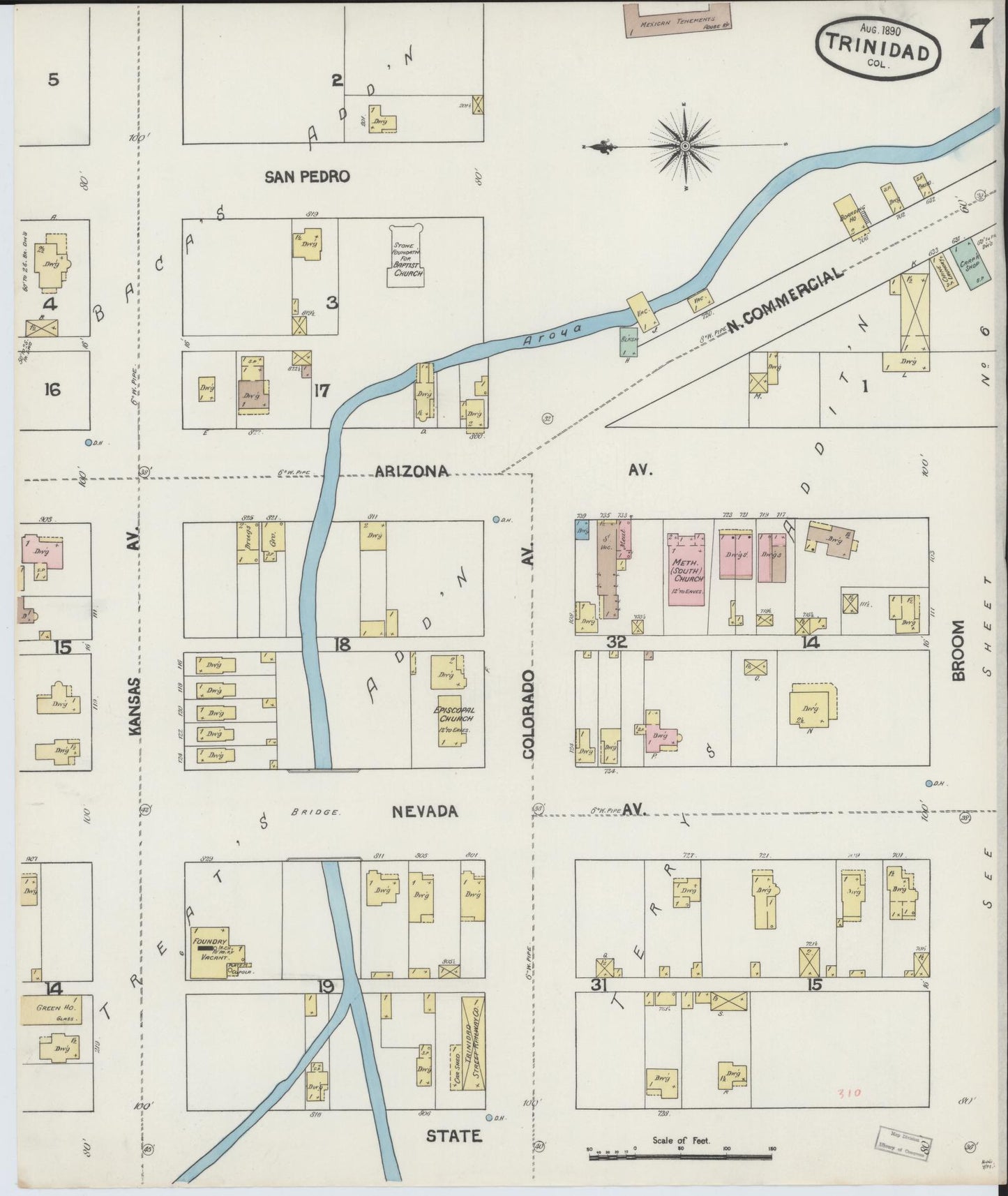 Sanborn Fire Insurance Map from Trinidad, Las Animas County, Colorado (1890), Sheet #0007 - Complete Map Set gallery image, historic Sanborn map, vintage wall art, Colorado Colorado