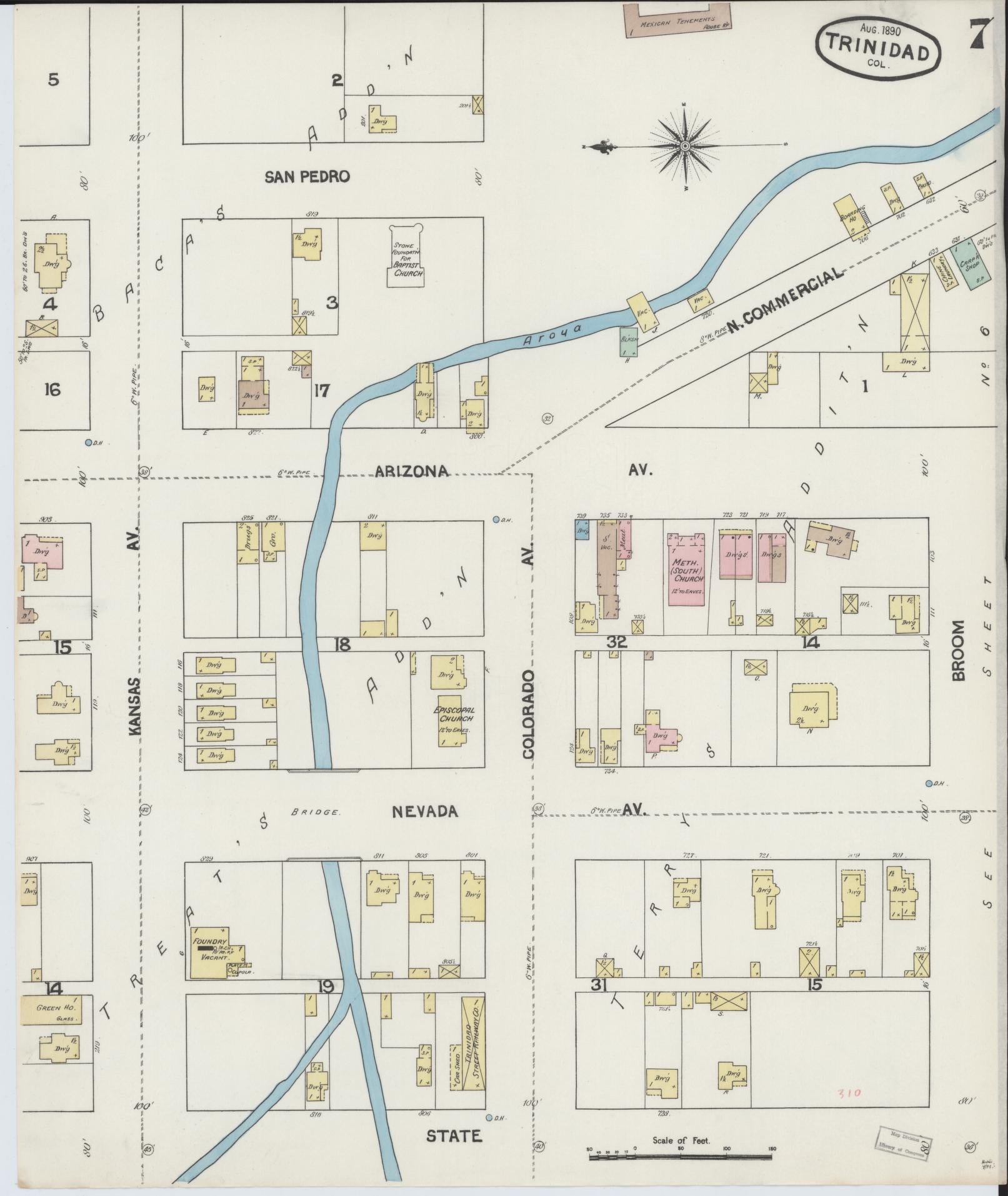Sanborn Fire Insurance Map from Trinidad, Las Animas County, Colorado (1890), Sheet #0007 - Complete Map Set gallery image, historic Sanborn map, vintage wall art, Colorado Colorado