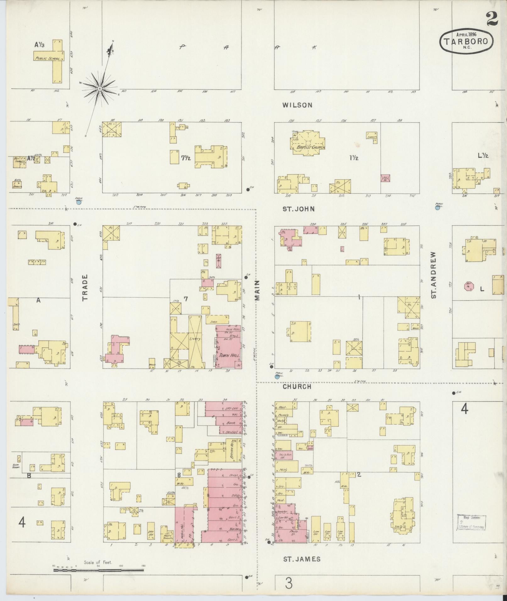Sanborn Fire Insurance Map from Tarboro, Edgecombe County, North Carolina (1896), Sheet #0002 - Complete Map Set gallery image, historic Sanborn map, vintage wall art, North Carolina North Carolina