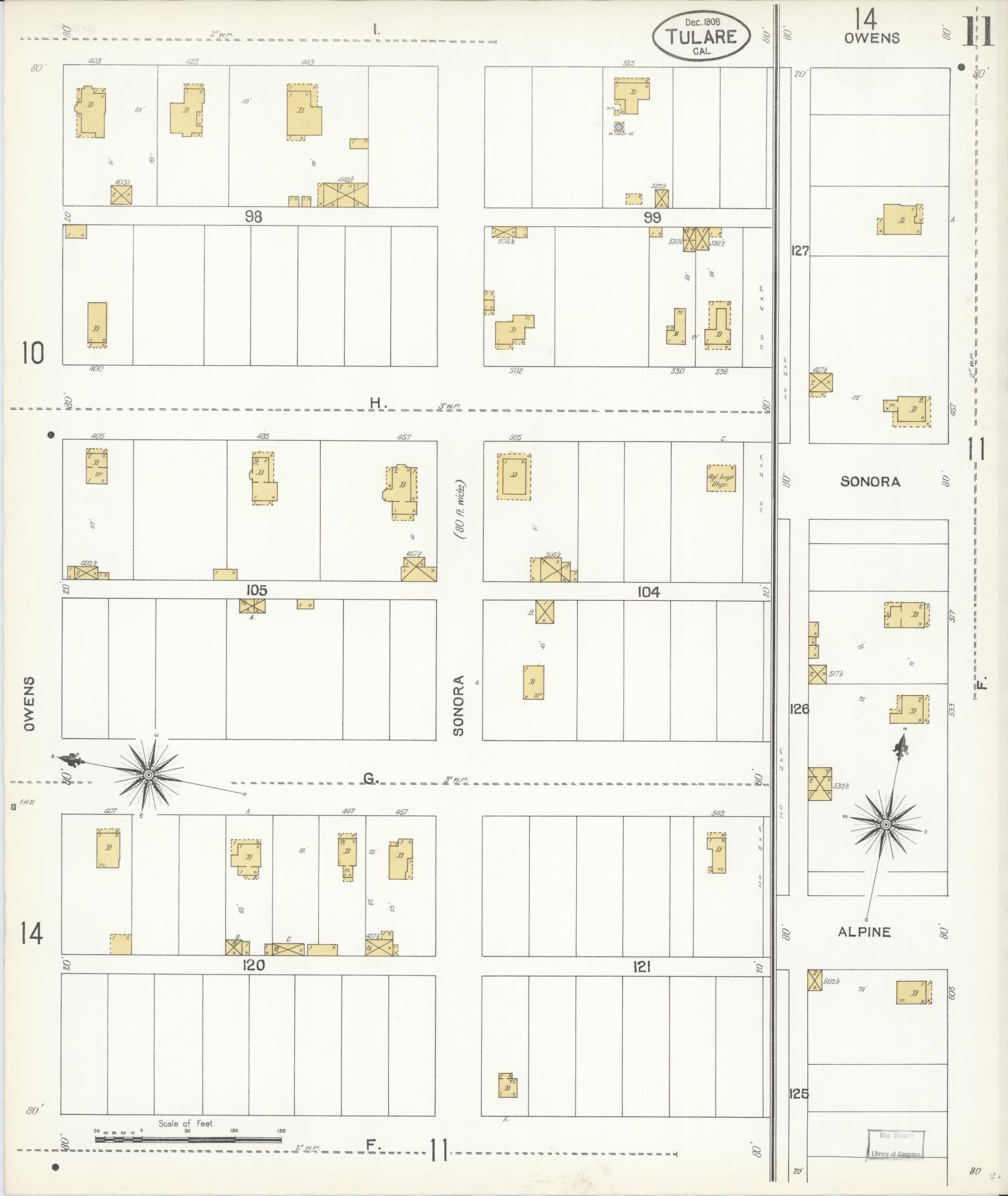 Sanborn Fire Insurance Map from Tulare, Tulare County, California (1906), Sheet #0011 - Complete Map Set gallery image, historic Sanborn map, vintage wall art, California California