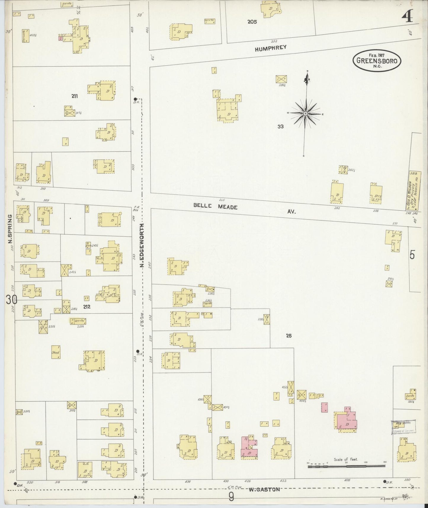 Sanborn Fire Insurance Map from Greensboro, Guilford County, North Carolina (1907), Sheet #0004 - Complete Map Set gallery image, historic Sanborn map, vintage wall art, North Carolina North Carolina
