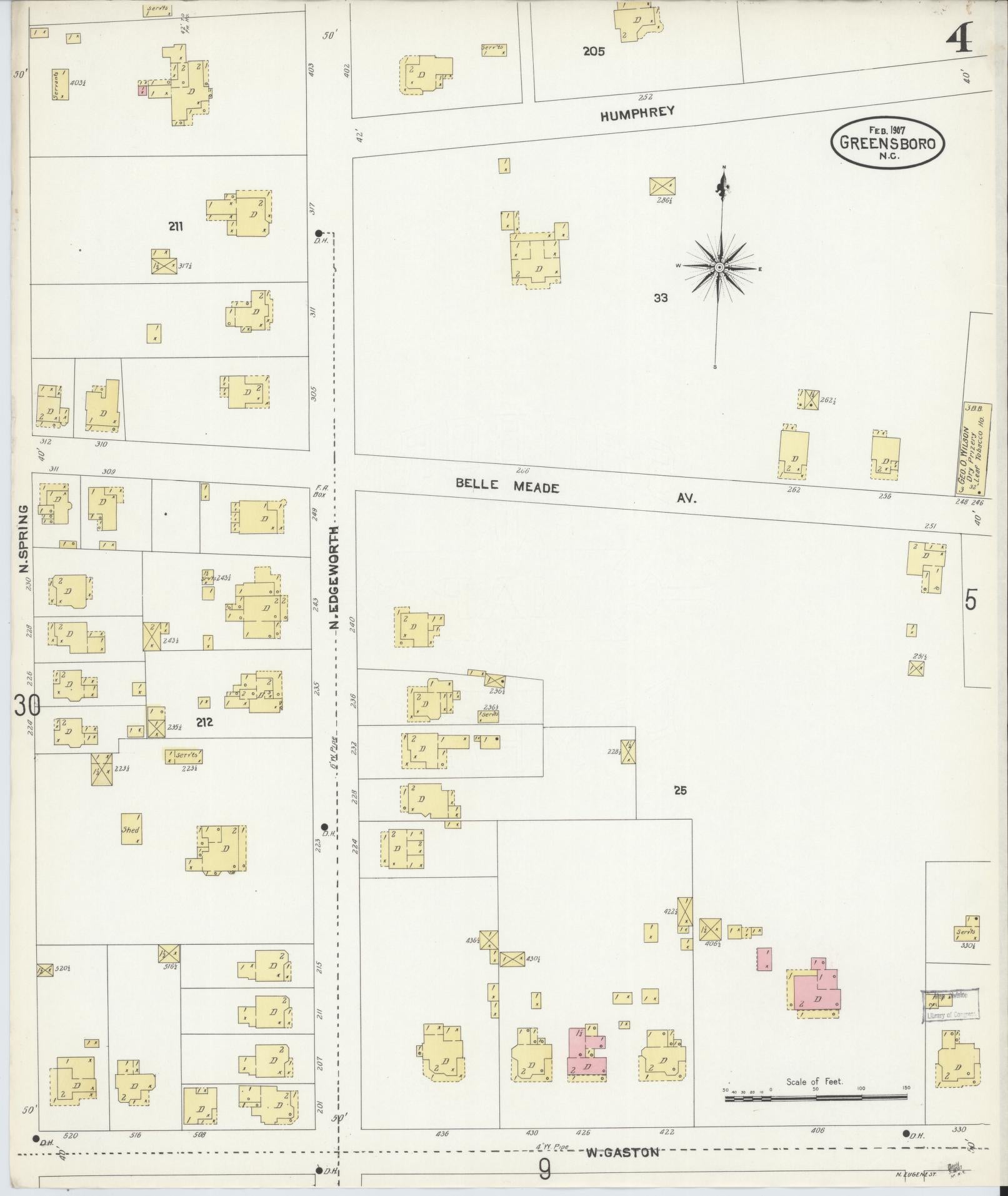 Sanborn Fire Insurance Map from Greensboro, Guilford County, North Carolina (1907), Sheet #0004 - Complete Map Set gallery image, historic Sanborn map, vintage wall art, North Carolina North Carolina