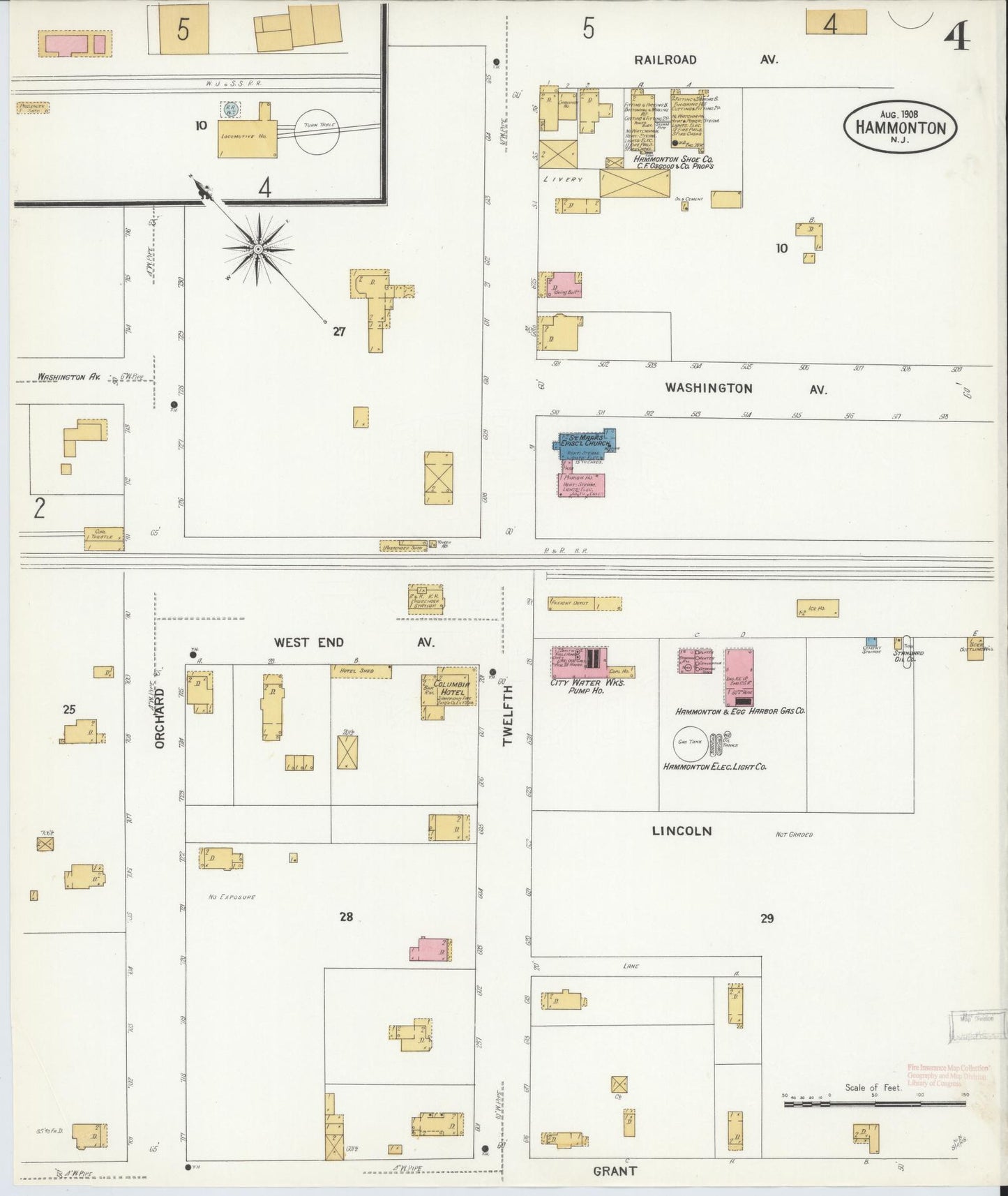 Sanborn Fire Insurance Map from Hammonton, Atlantic County, New Jersey (1908), Sheet #0004 - Historic Sanborn Fire Insurance Map Print, vintage old map wall art, antique decor, genealogy gift, New Jersey New Jersey map