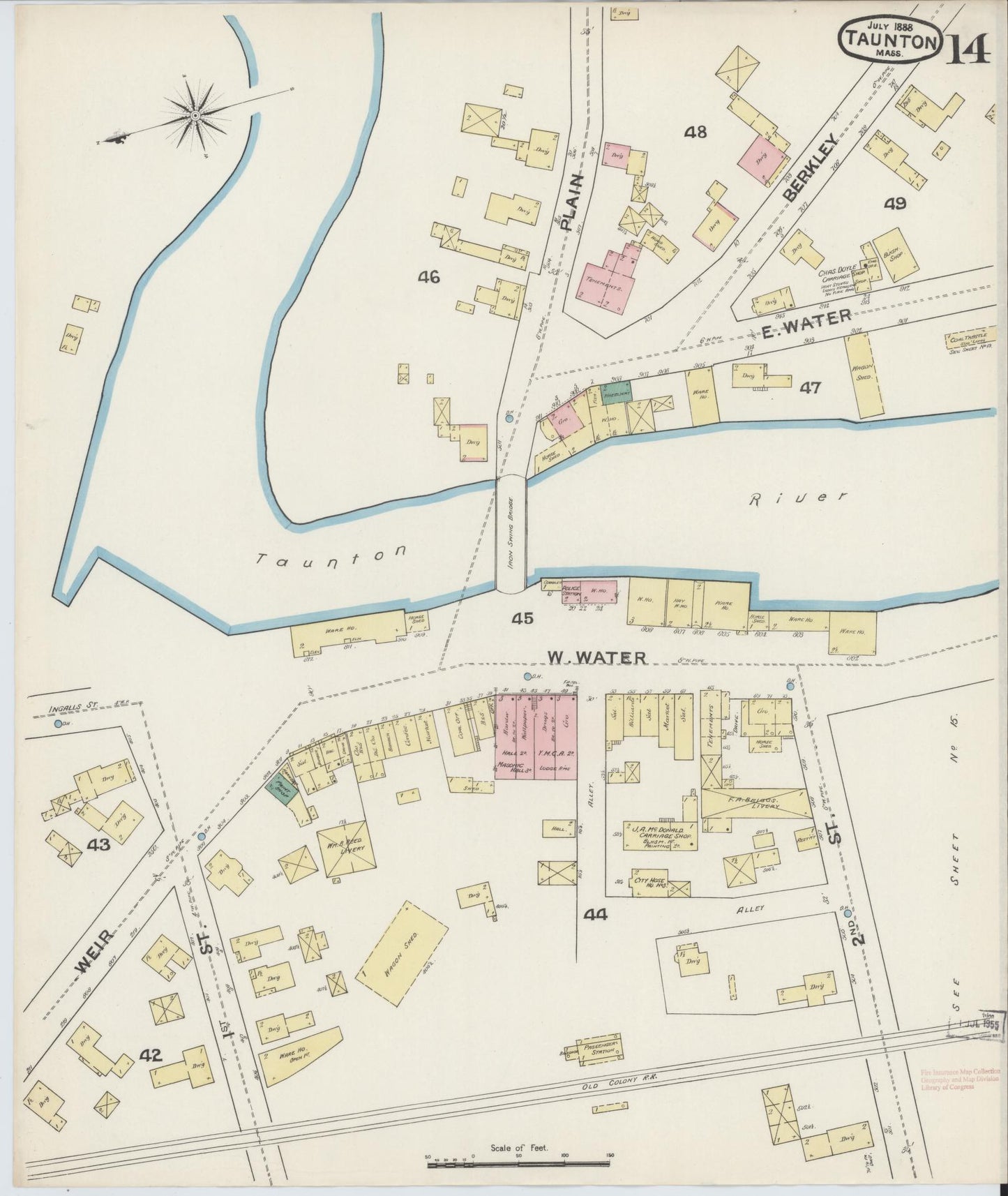 Sanborn Fire Insurance Map from Taunton, Bristol County, Massachusetts (1888), Sheet #0014 - Complete Map Set gallery image, historic Sanborn map, vintage wall art, Massachusetts Massachusetts