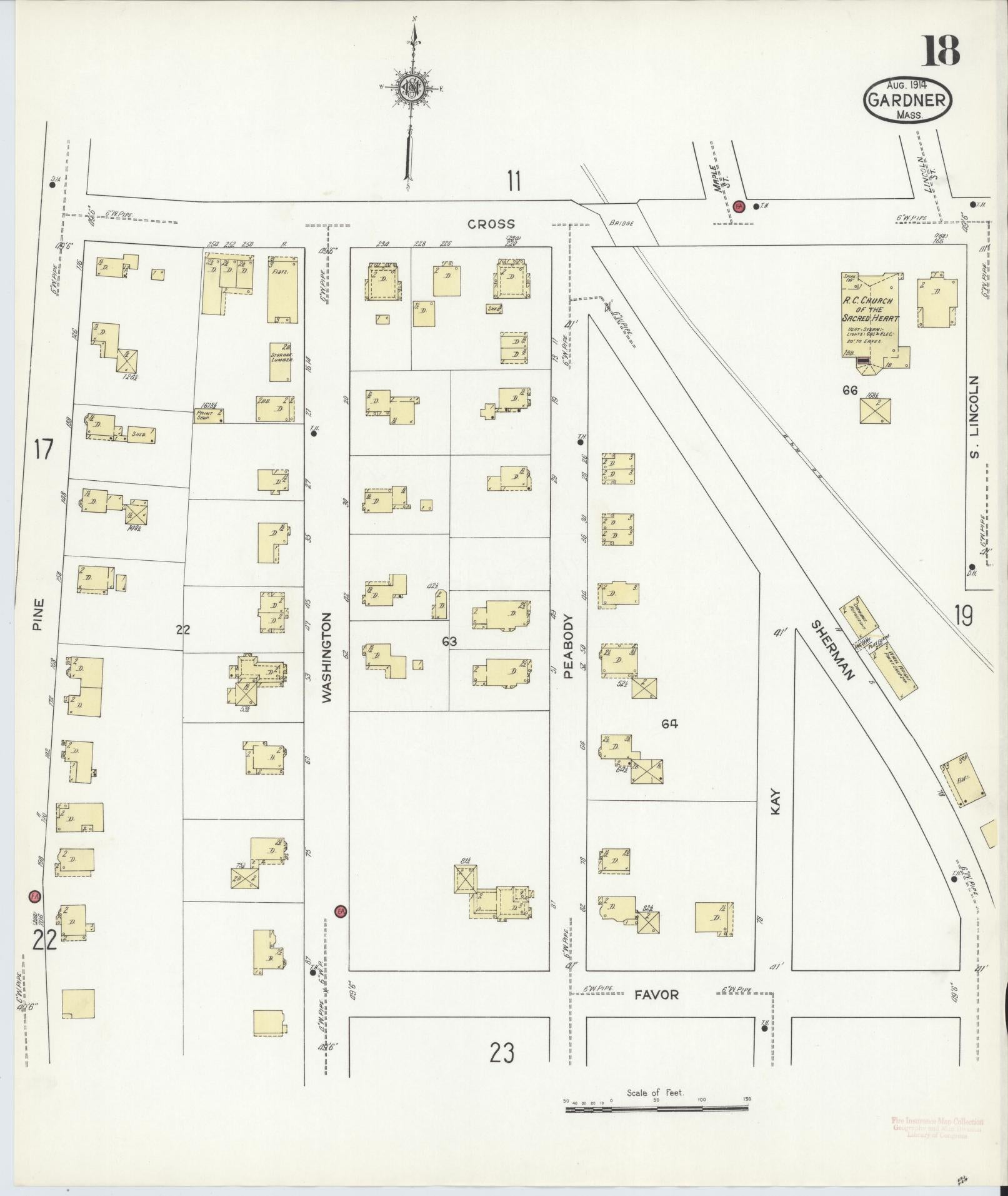 Sanborn Fire Insurance Map from Gardner, Worcester County, Massachusetts (1914), Sheet #0018 - Historic Sanborn Fire Insurance Map Print, vintage old map wall art, antique decor, genealogy gift, Massachusetts Massachusetts map