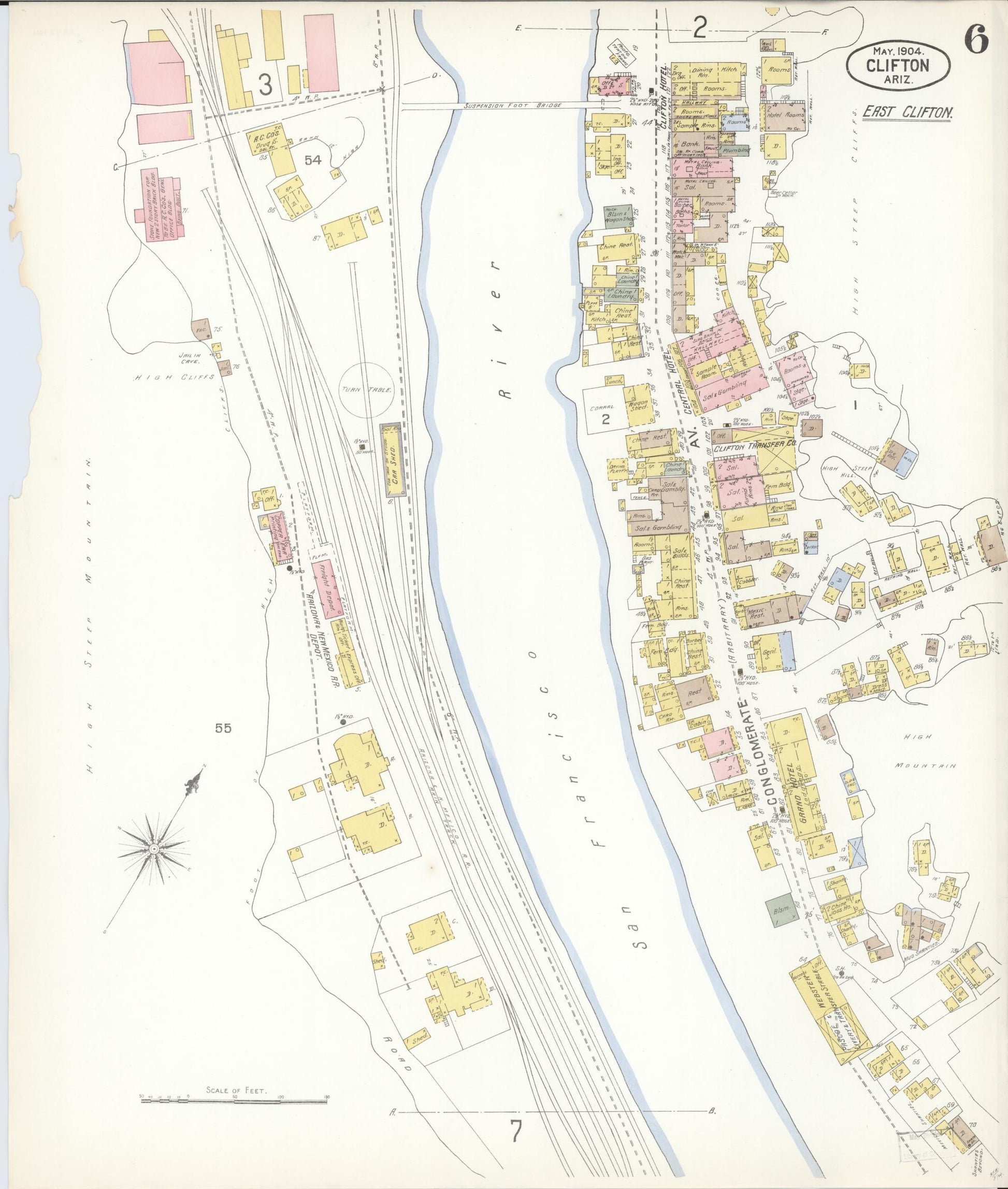Sanborn Fire Insurance Map from Clifton, Greenlee County, Arizona (1904), Sheet #0006 - Historic Sanborn Fire Insurance Map Print, vintage old map wall art, antique decor, genealogy gift, Arizona Arizona map