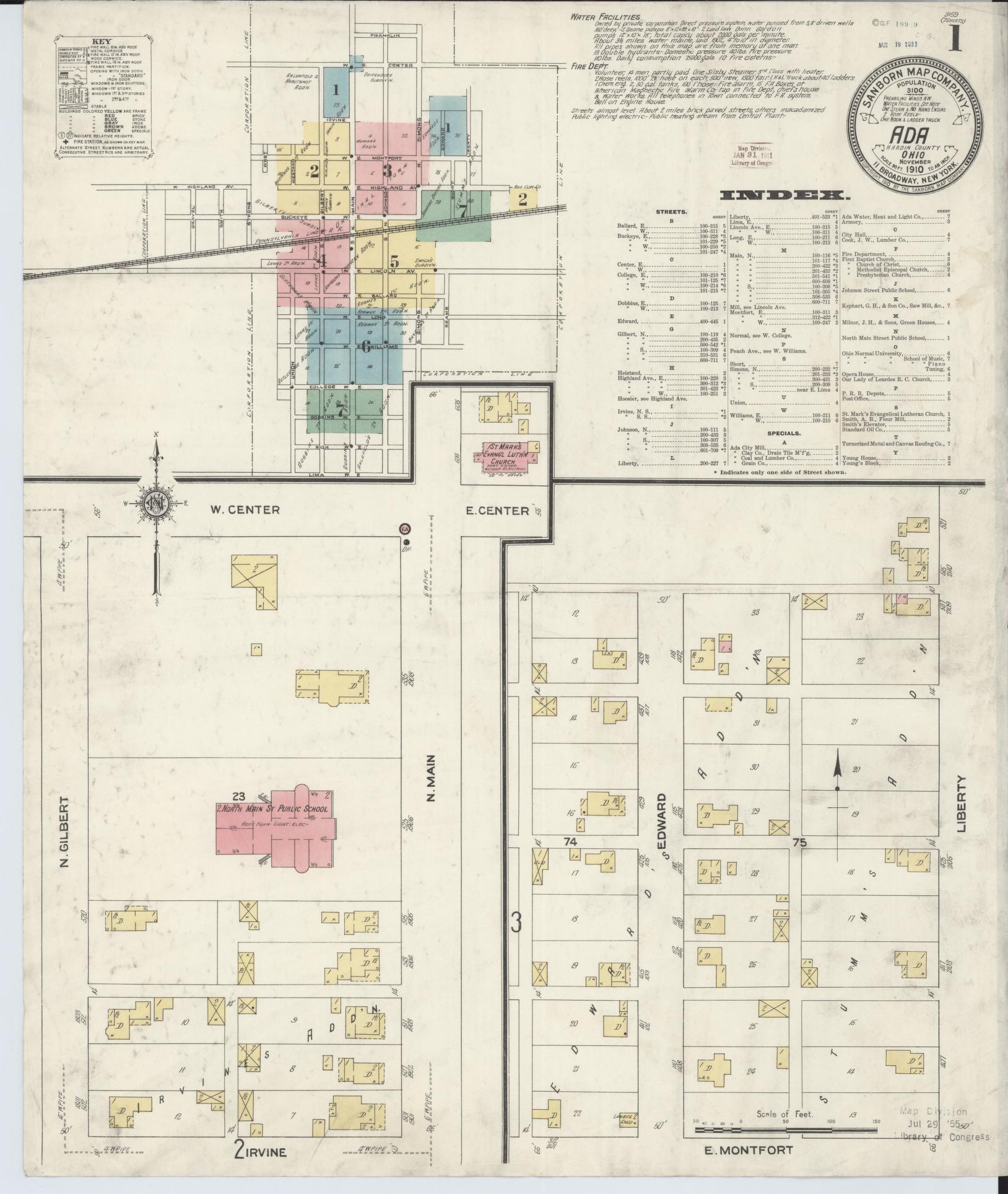 Sanborn Fire Insurance Map from Ada, Hardin County, Ohio (1910), Sheet #0001 - Complete Map Set gallery image, historic Sanborn map, vintage wall art, Ohio Ohio