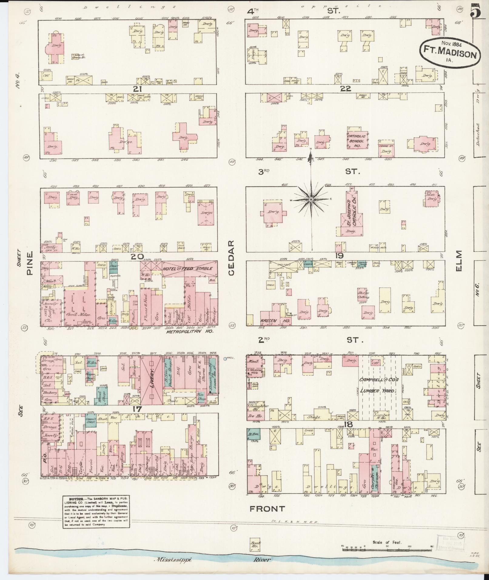 Sanborn Fire Insurance Map from Fort Madison, Lee County, Iowa (1884), Sheet #0005 - Historic Sanborn Fire Insurance Map Print, vintage old map wall art