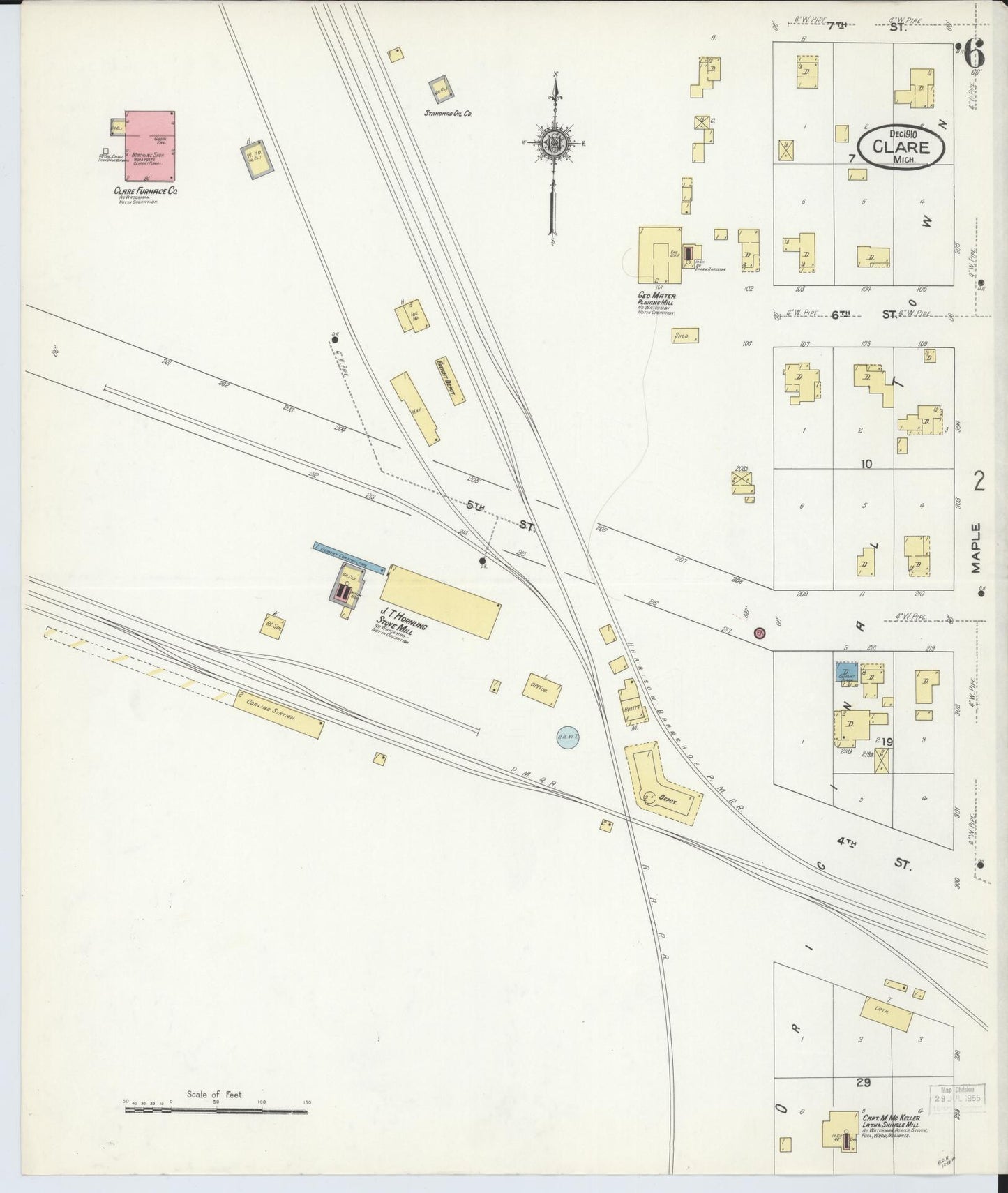 Sanborn Fire Insurance Map from Clare, Clare County, Michigan (1910), Sheet #0006 - Historic Sanborn Fire Insurance Map Print, vintage old map wall art, antique decor, genealogy gift, Michigan Michigan map