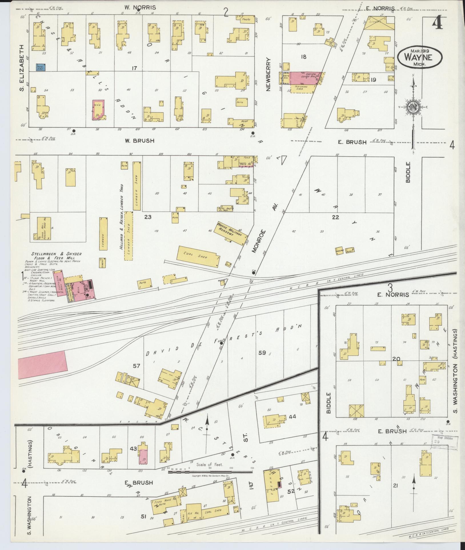 Sanborn Fire Insurance Map from Wayne, Wayne County, Michigan (1919), Sheet #0004 - Historic Sanborn Fire Insurance Map Print, vintage old map wall art, antique decor, genealogy gift, Michigan Michigan map