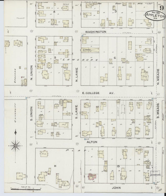 Sanborn Fire Insurance Map from Appleton, Outagamie County, Wisconsin (1886), Sheet #0009 - Historic Sanborn Fire Insurance Map Print, vintage old map wall art, antique decor, genealogy gift, Wisconsin Wisconsin map