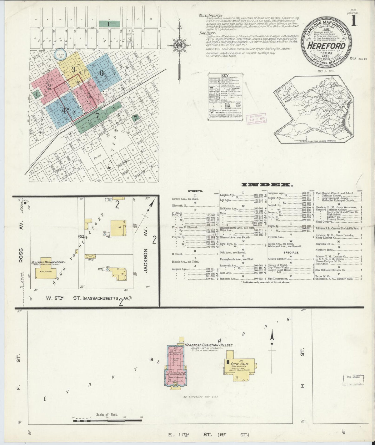 Sanborn Fire Insurance Map from Hereford, Deaf Smith County, Texas (1913), Sheet #0001 - Complete Map Set gallery image, historic Sanborn map, vintage wall art, Texas Texas