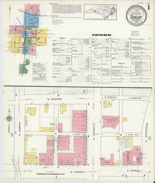 Sanborn Fire Insurance Map from Shelby, Cleveland County, North Carolina (1916), Sheet #0001 - Historic Sanborn Fire Insurance Map Print, vintage old map wall art, antique decor, genealogy gift, North Carolina North Carolina map